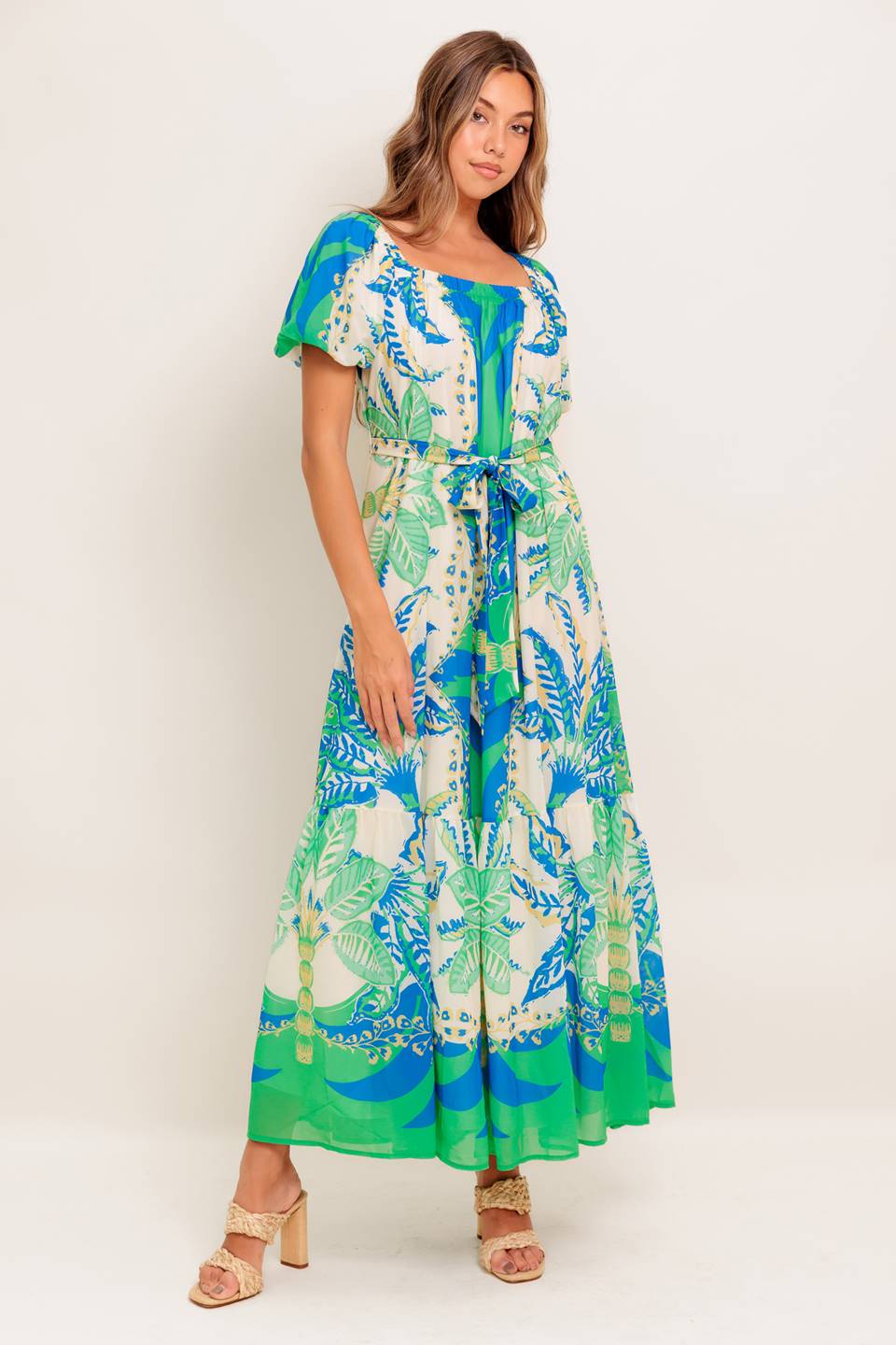 MADDISON MAXI DRESS for Women - Flowy Green & Blue Floral Summer Dress - Perfect for Beach Vacation, Wedding Guest, and Casual Outings