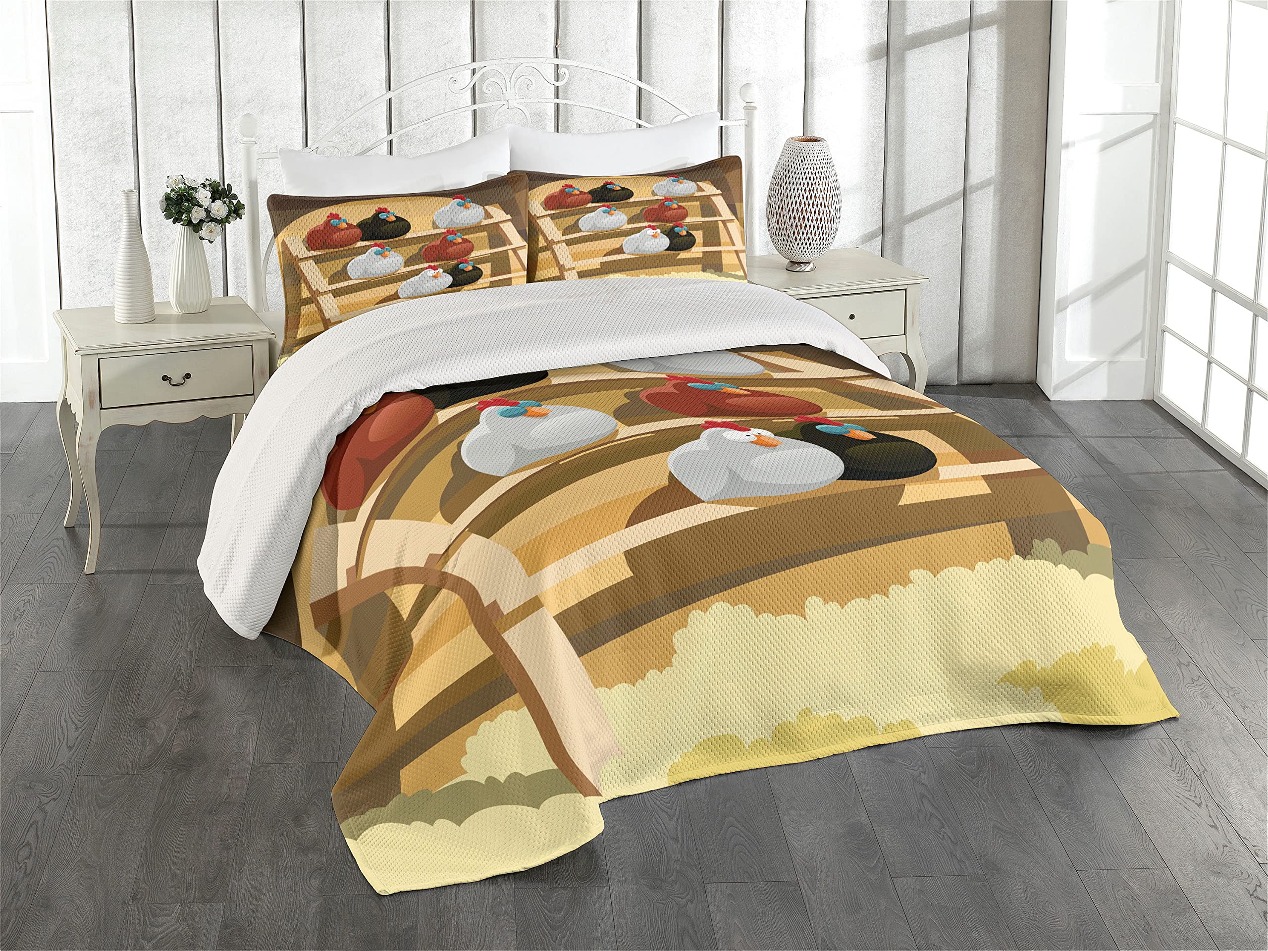 Lunarable King Size Chicken Themed Quilt Set - 3 Piece Farmhouse Decor Bedspread with 2 Pillow Shams, Colorful Hen & Perch Doodle Design in Pale Brown | Perfect for Farmhouse Style Bedrooms, Guest Rooms & Cozy Farm Animal Lovers