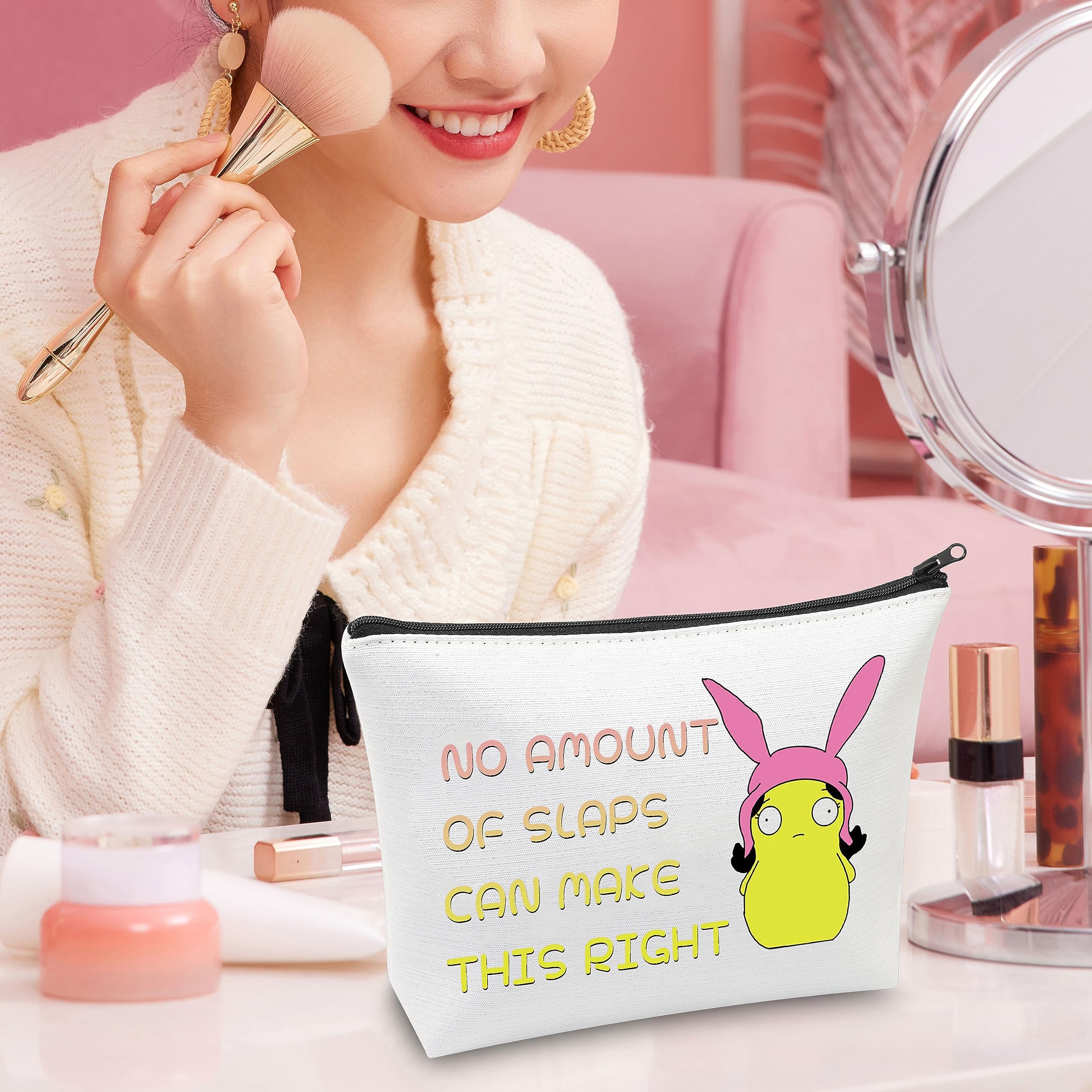 CMNIM Louise Kuchi Kopi Bunny Ears Makeup Bag - Bob's Burgers Inspired Gift for Fans - Perfect for Cosplay, Conventions & Anime Lovers - 'No Amount of Slaps Can Make This Right' Quote Design