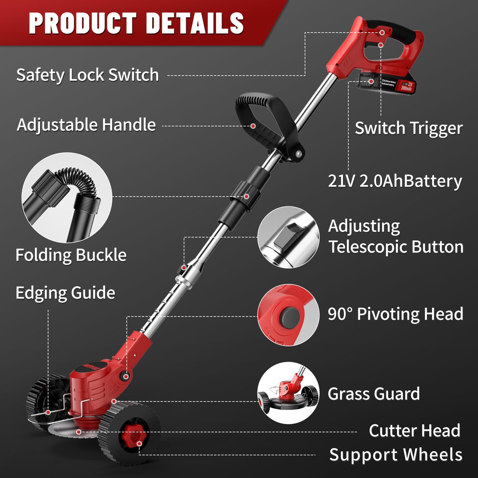 21V Cordless Electric Weed Wacker with 3 Blades & 2x2.0Ah Battery - Lightweight Foldable Stringless Grass Trimmer & Brush Cutter for Garden, Yard, Lawn Care & Landscaping - Perfect for Edging, Trimming, and Cutting Overgrown Weeds
