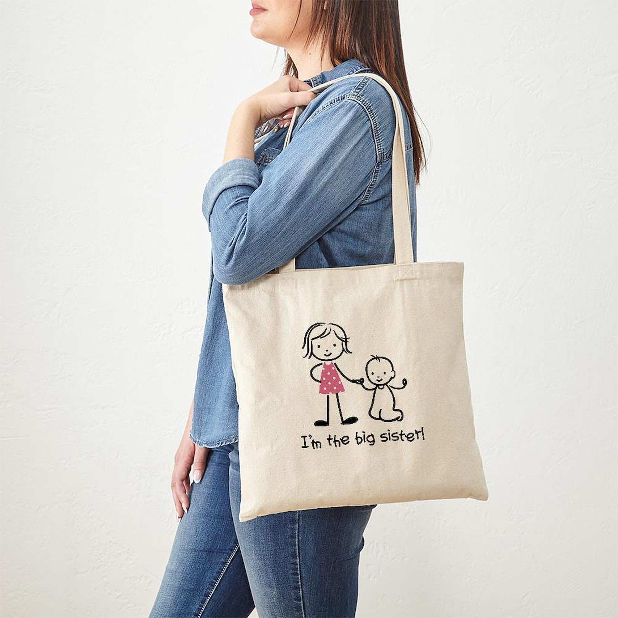 Big Sister Stick People Tote Bag - Natural Canvas Reusable Shopping Bag for Women | Eco-Friendly Grocery Tote for Sisters, Beach, Work & Everyday Use