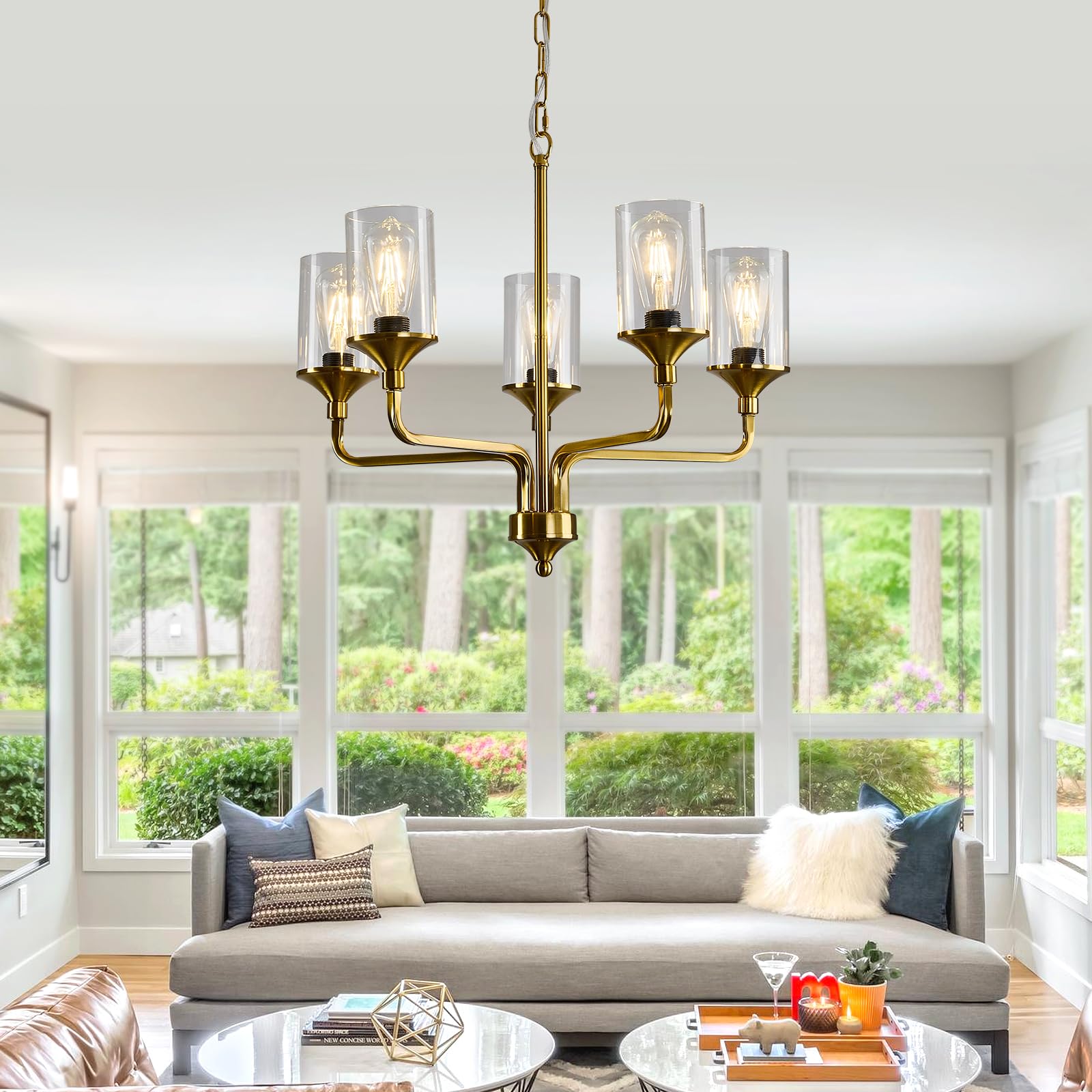 Gold 5-Lights Glass Chandelier - Rustic Metal Pendant Ceiling Light Fixture for Farmhouse, Kitchen, Living Room, Foyer & Dining Room | Elegant Lighting for Home Decor & Special Occasions