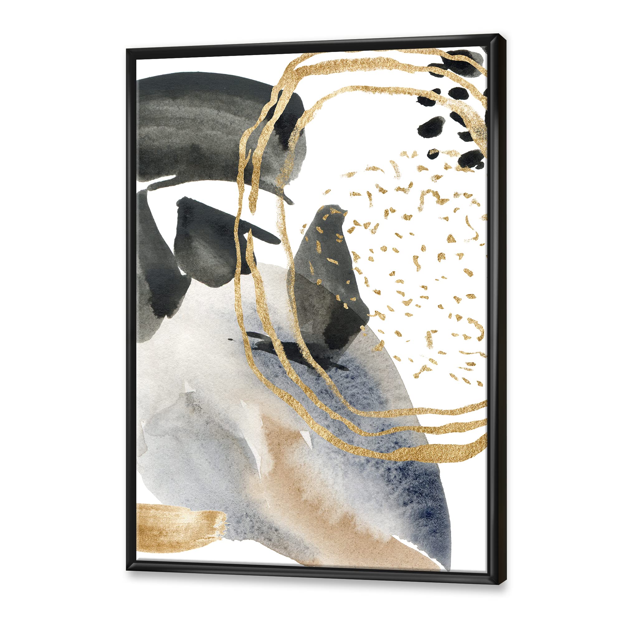 Pastel Abstract Framed Canvas Wall Art with Blue, Black, Beige & Gold Spots - Modern Home Decor for Living Room, Bedroom & Office