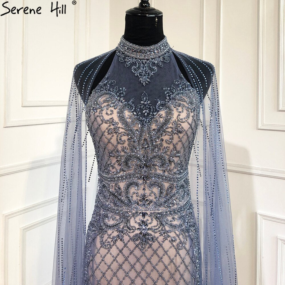 Luxury Navy Blue Mermaid Evening Gown with Train - Elegant Beaded Diamond Dress for Women 2025 | Perfect for Prom, Gala, Wedding & Formal Events - LA70807