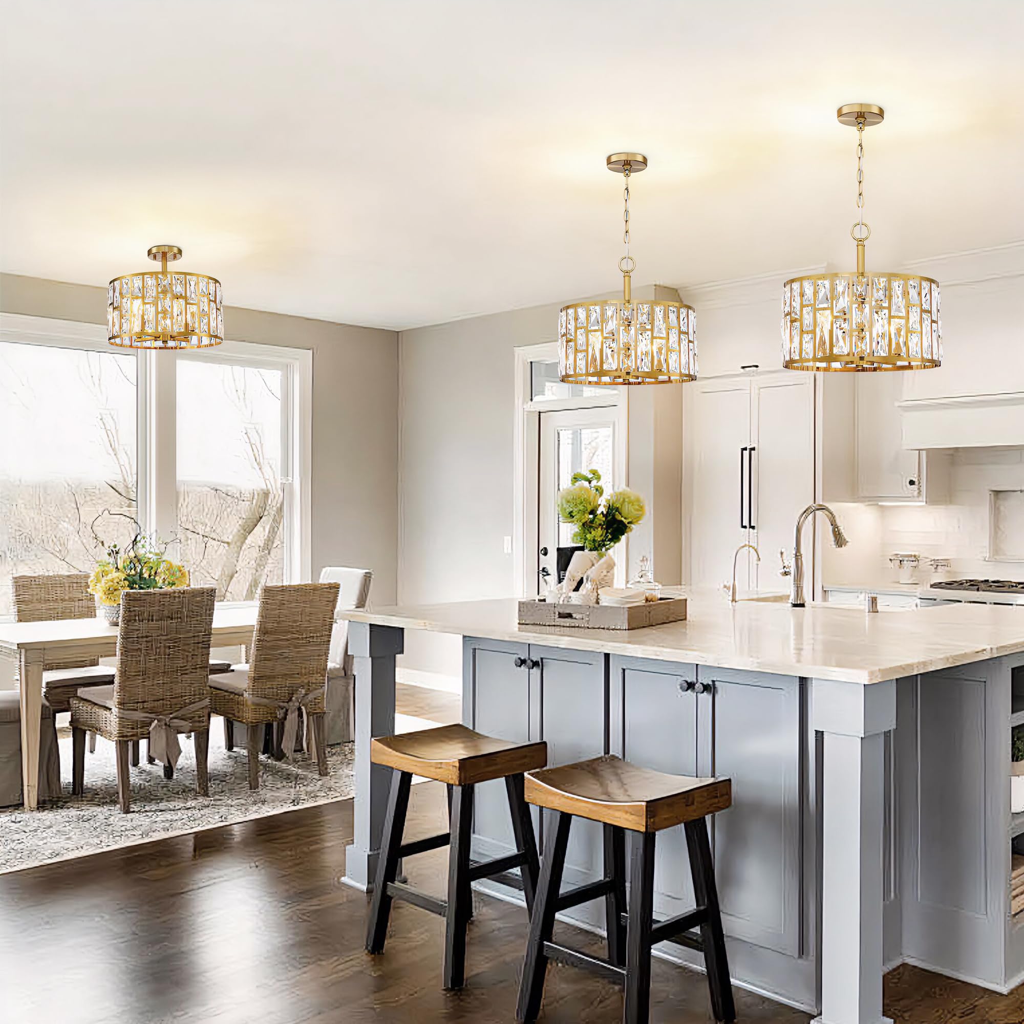 Farmhouse Crystal Convertible Chandelier & Semi-Flush Mount Lighting - Gold Cylinder Drum Shade Pendant Light Fixture for Kitchen Island, Dining Room, Bedroom & Hallway | Elegant Home Decor & Ambient Lighting Solution