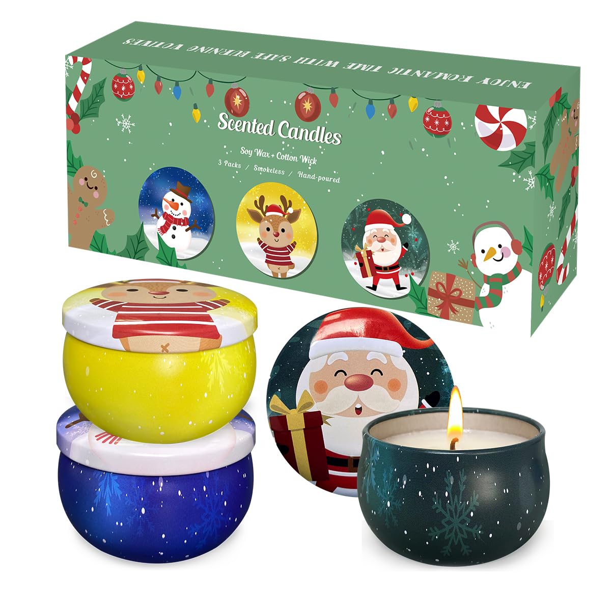 Christmas Small Tin Scented Candles - 3 Pack Long Lasting 90 Hour Soy Wax Candles (2.5oz Each) | Holiday Home Decor, Aromatherapy, Bath Relaxation, Birthday & Gift Ideas for Women