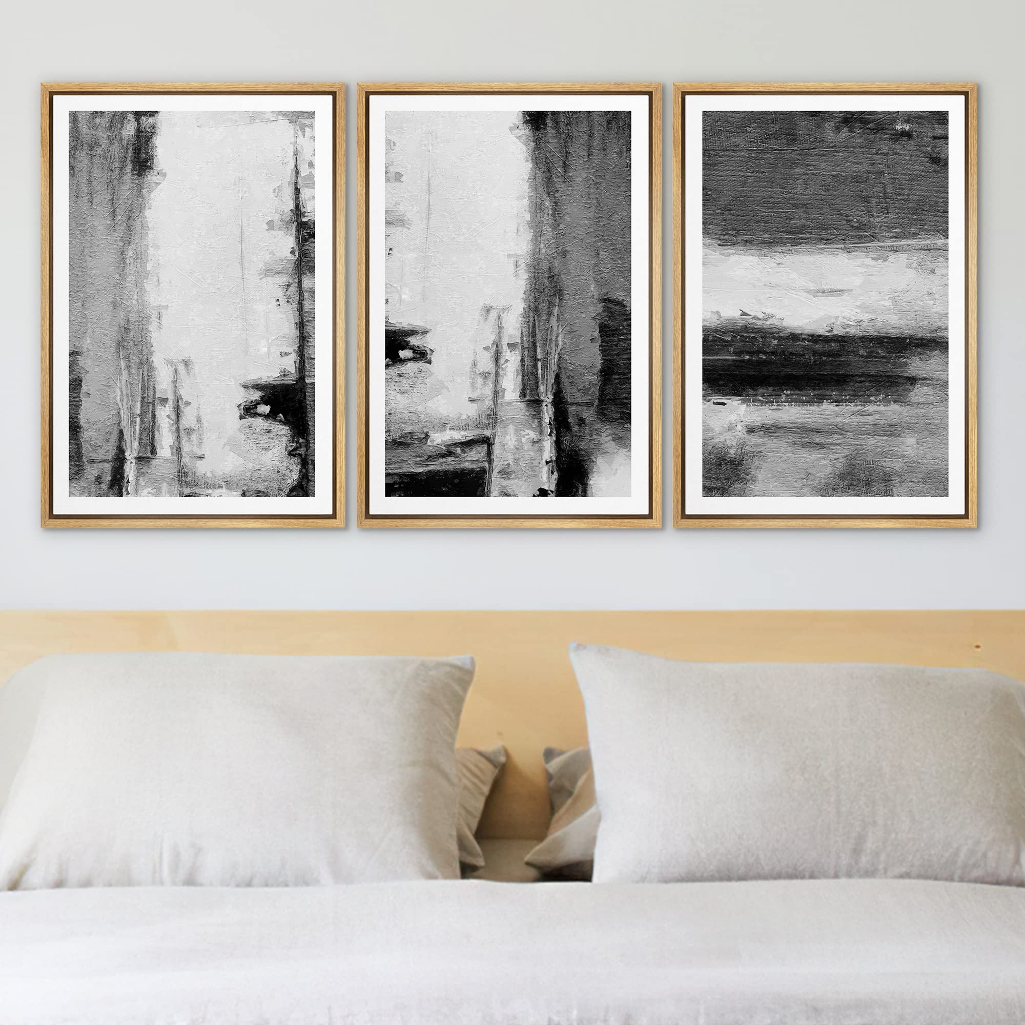 Ashbrook Framed Wall Art Print Set - Black & White Grunge Abstract Paintings with Modern Geometric Shapes | 16