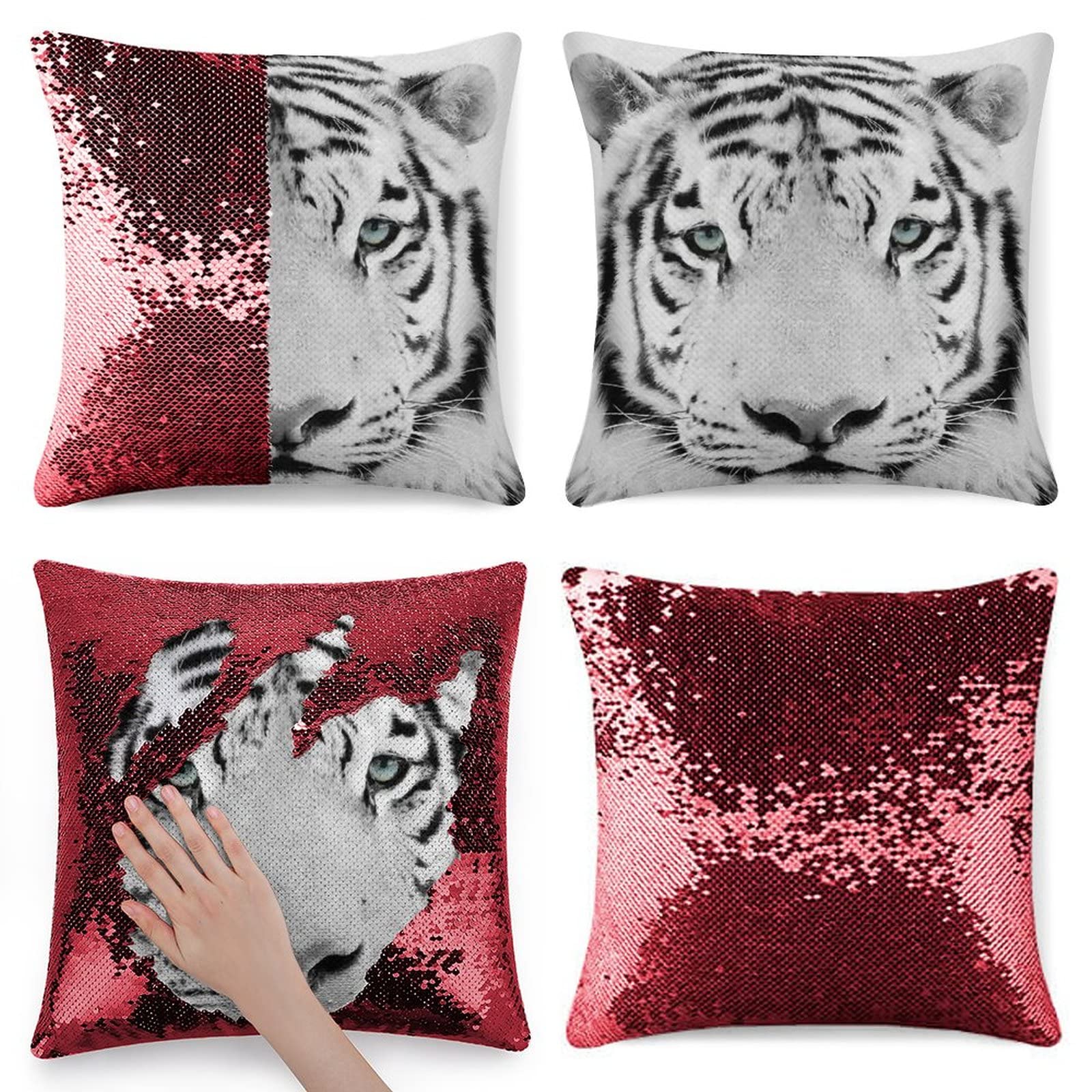 Sparkly Sequin Tiger Throw Pillow Covers 15.7x15.7 Inch - Decorative Square Cushion Cases for Sofa, Bedroom & Living Room - Soft Pink Home Decor for Girls Room, Dorm & Lounge