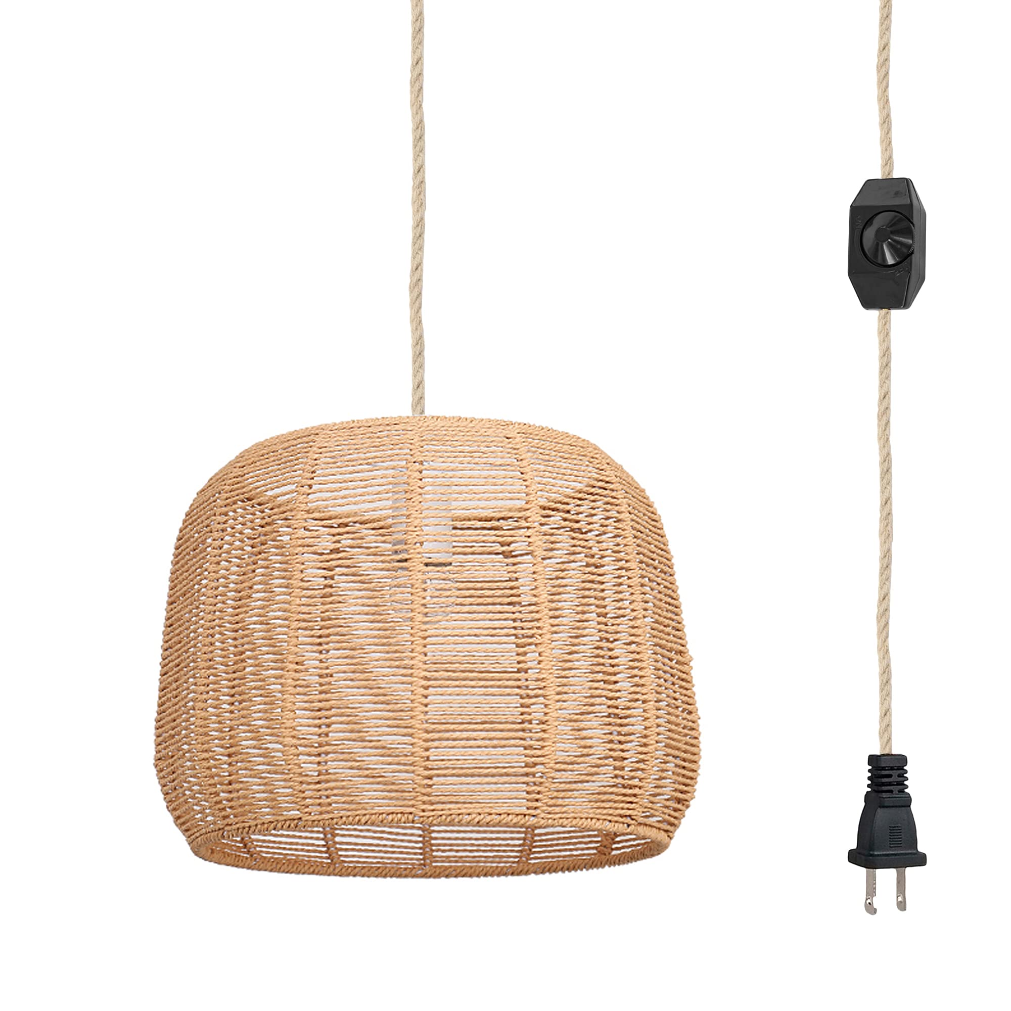 Natural Rattan Swag Ceiling Lamp - 20ft Plug-in Iron Hemp Rope Cord, Dimmable Farmhouse Chandelier, No Wiring Needed Portable Pendant Light - Perfect for Bedroom, Living Room, Porch & Patio Decor