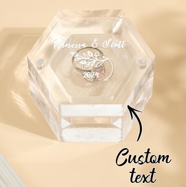 Personalized Clear Hexagon Ring Box with Custom Name & Date - Engraved Wedding Proposal Jewelry Box for Engagement, Anniversary & Special Occasions | Perfect for Ceremonies, Gifts & Keepsakes