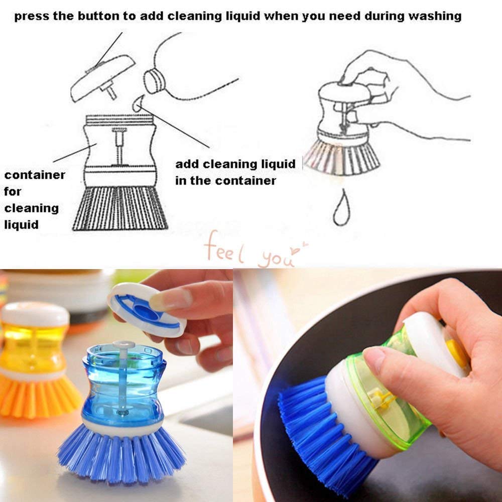 ServEzee Dish Cleaning Brush with Soap Dispenser - 4 Pack Kitchen Scrub Brushes for Pots, Pans & Utensils - Heavy Duty Plastic Dishwashing Brush for Sinks, Countertops & Household Cleaning