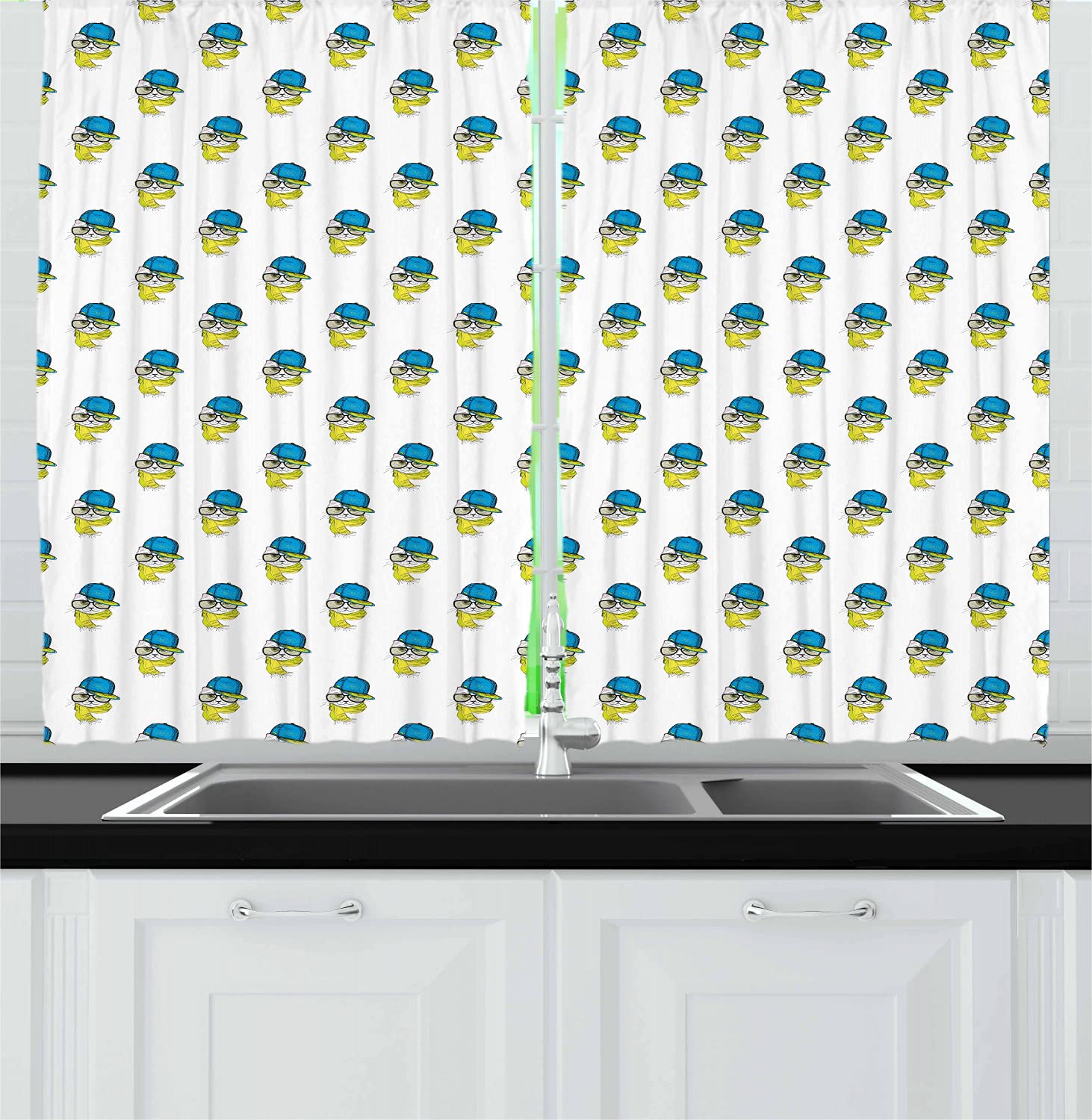 Ambesonne Hip Hop Kitchen Curtains - Cat Wearing Cap & Scarf Sketch Design, 2-Panel Window Drapes for Kitchen & Cafe Decor, 55 x 39 Inches, Azure Blue & Yellow - Perfect for Urban Style Homes, Music Themed Rooms & Coffee Shop Interiors