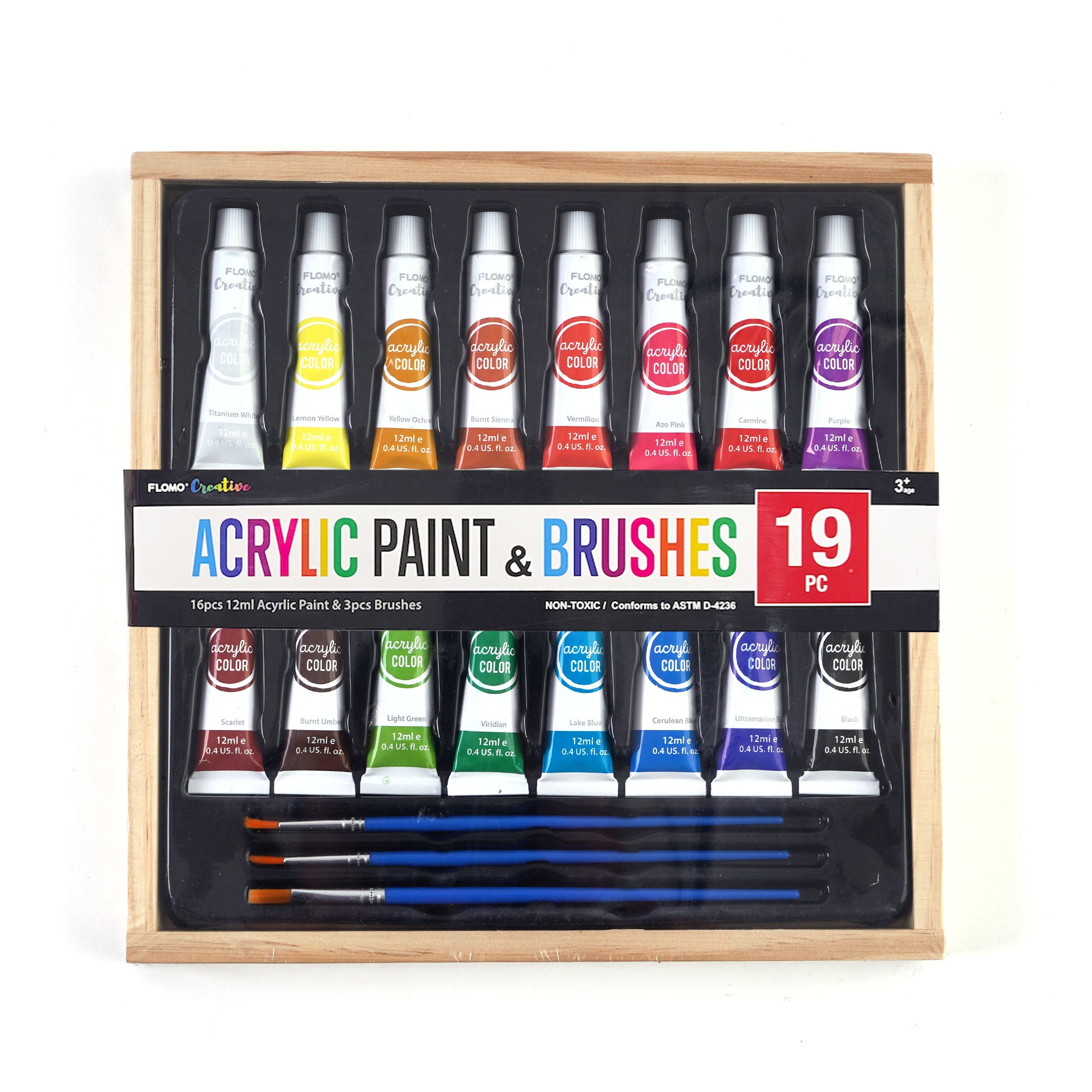 19-Piece 12ml Acrylic Paint Set with Brushes in Wooden Box - Perfect for Artists, Beginners & DIY Craft Projects