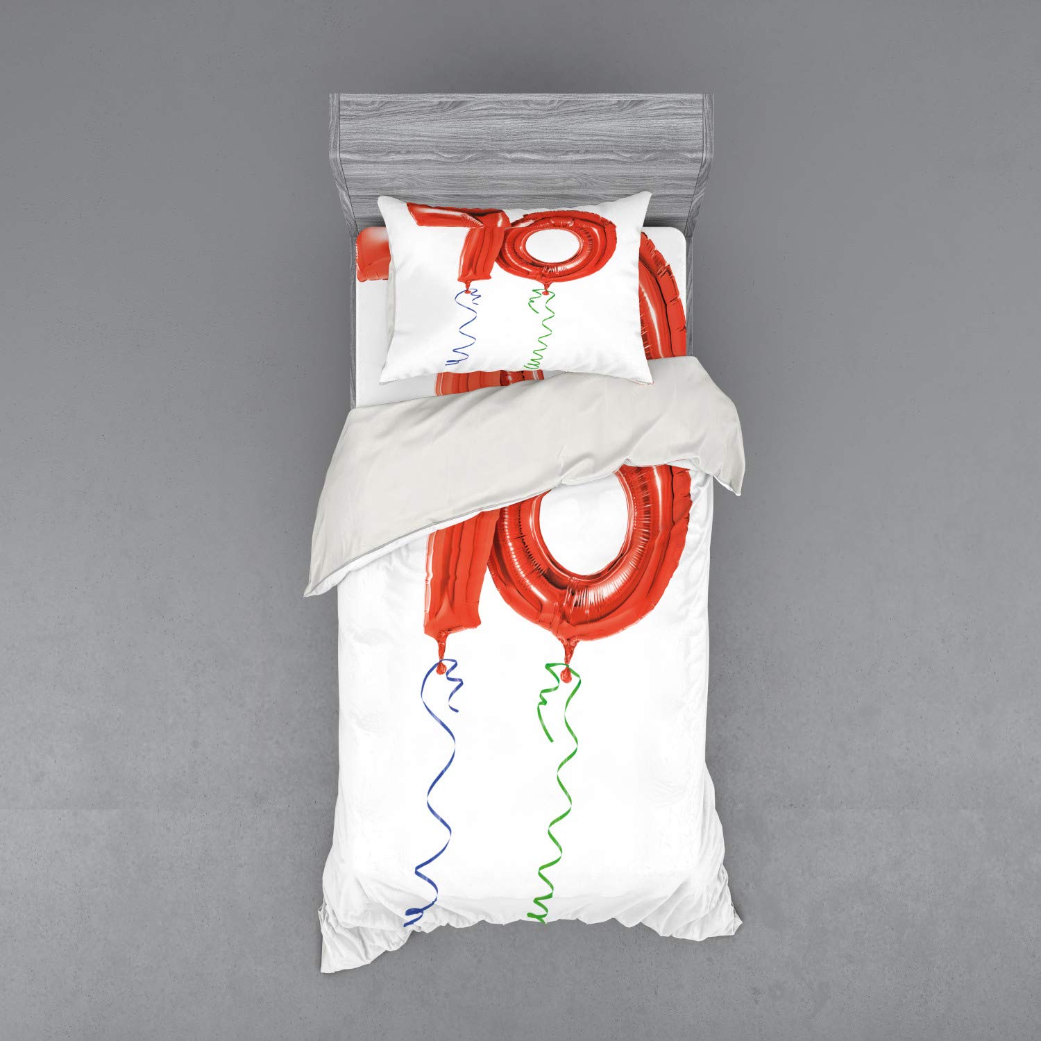 Ambesonne 70th Birthday Duvet Cover Set - 3 Piece Twin Size Bedding with Sham & Fitted Sheet - Fun Flying Balloons Happy Print in Orange Green Blue - Perfect for Birthday Parties, Room Decor & Gift Giving