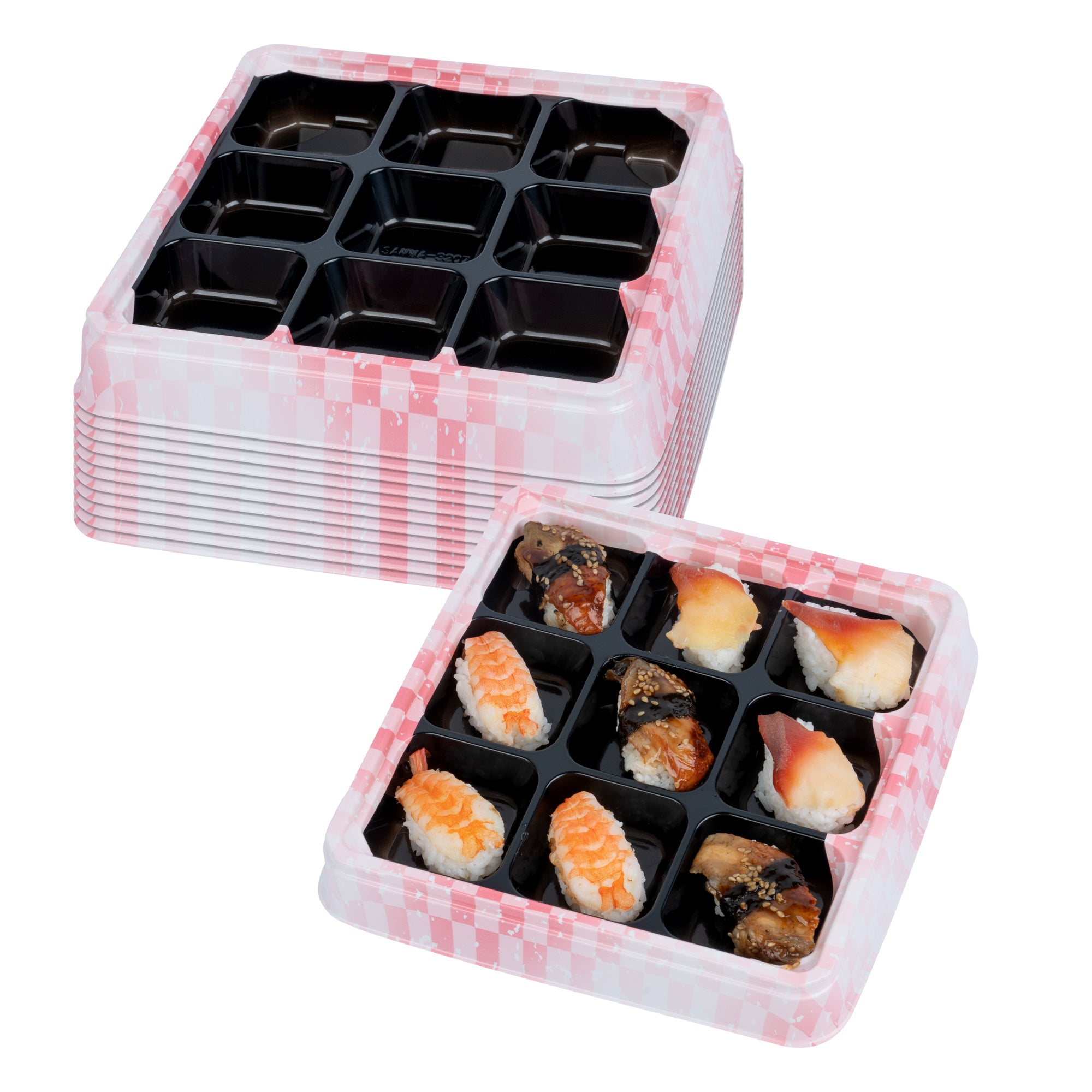 Bento Tek 17 oz Square Pink and Black Plastic Bento Box - 9 Compartments Lunch Container (8.5