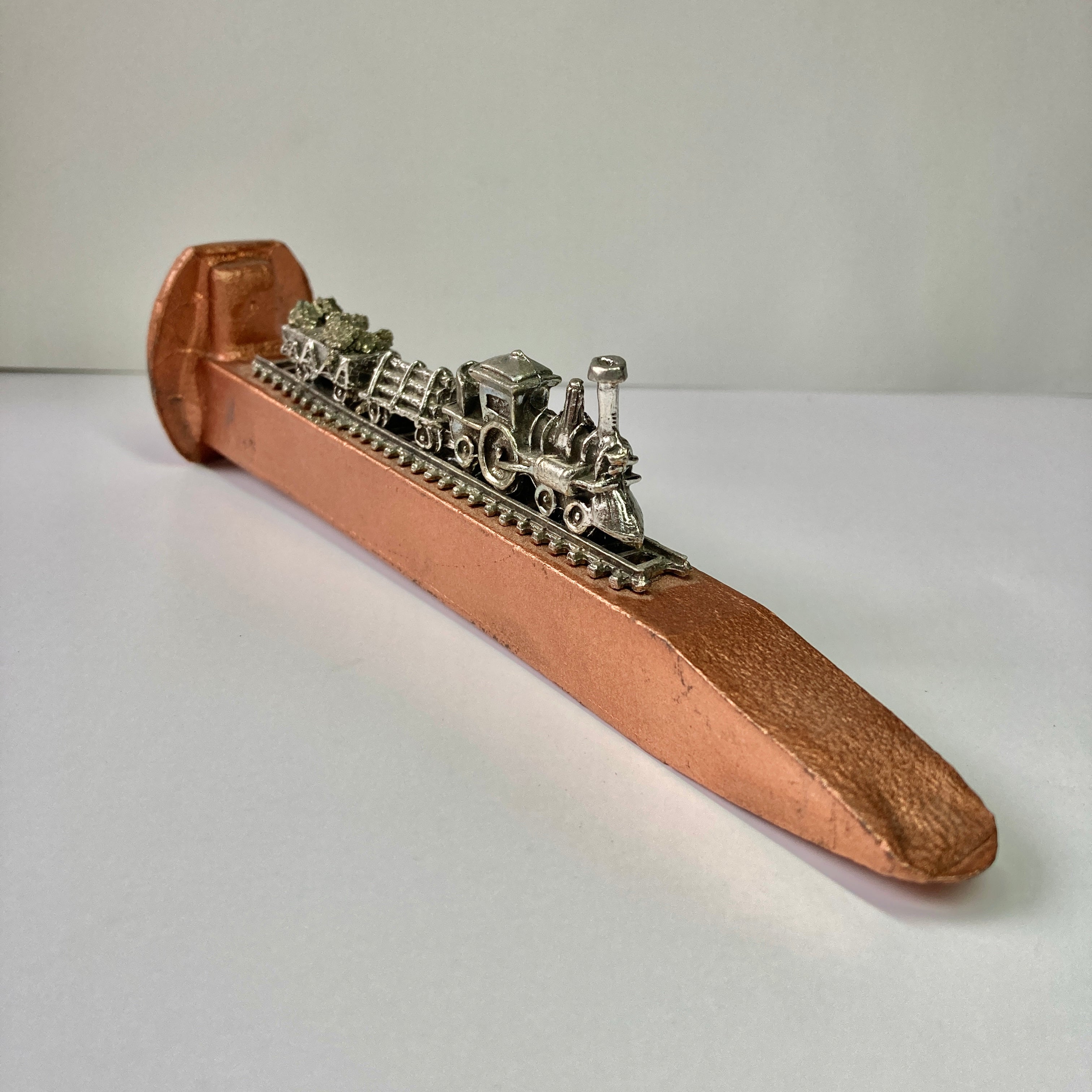 Handcrafted Pewter Figurines & Natural Pyrite Decor on Vintage Railroad Spike - Unique Home Decor & Gift Idea for Collectors, Rustic Cabin, or Office Desk Display