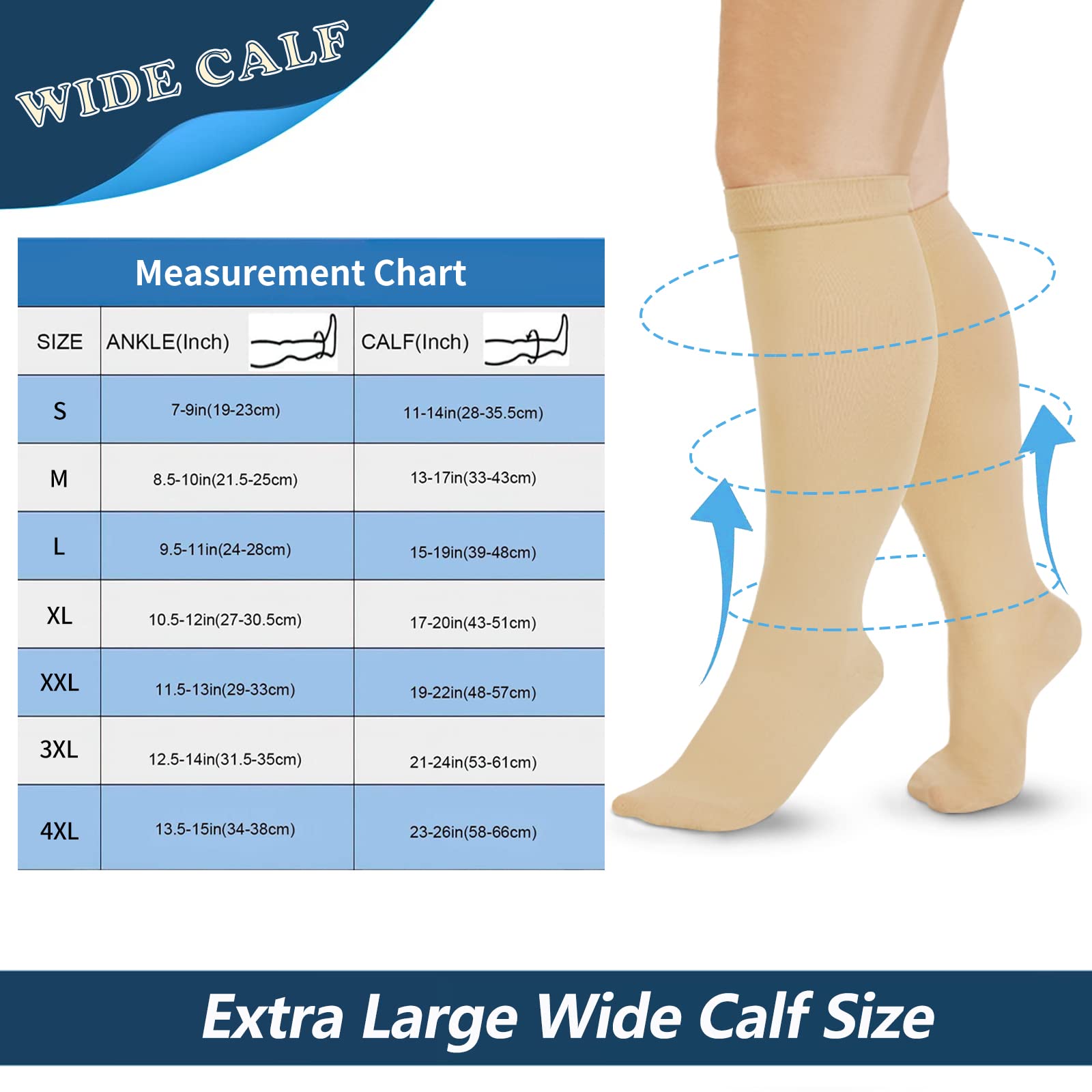 Extra Wide Calf Compression Socks for Women & Men - Plus Size 20-30 mmHg Knee High Support Stockings for Swelling & Pain Relief - Ideal for Travel, Nursing, Running & Varicose Vein Therapy