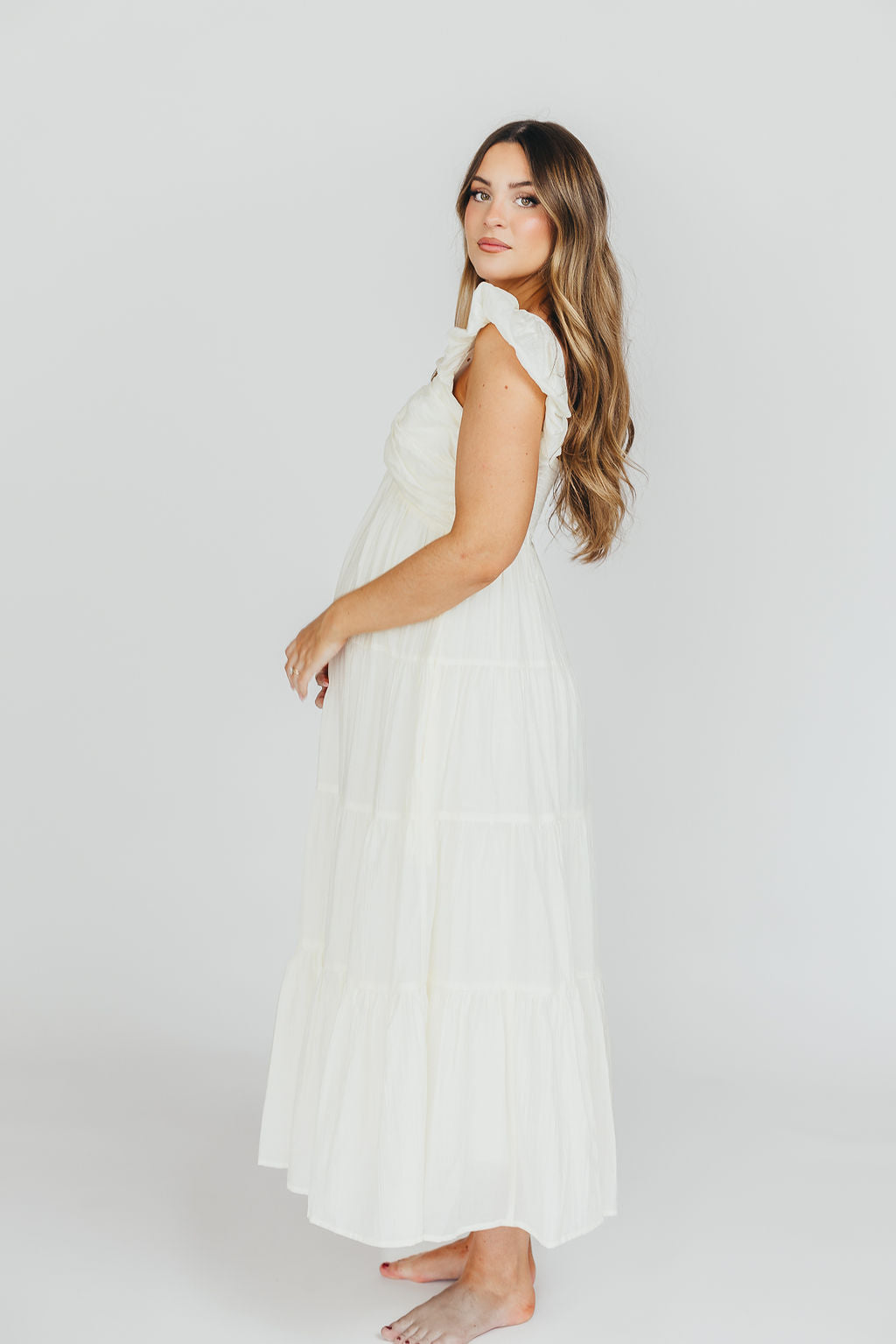 Katy Pleated Bodice Midi Dress in Cream | Bump Friendly Maternity Dress | Perfect for Baby Showers, Weddings & Special Occasions