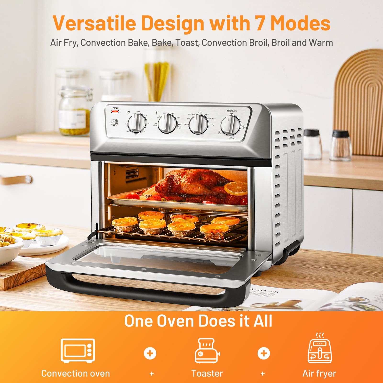 COSTWAY 7-in-1 Air Fryer Toaster Oven Combo, 1800W 21.5QT Countertop Convection Oven with Auto Shut-Off, Timer & Accessories - Bake, Broil, Toast, Roast, Reheat - Perfect for Small Kitchens, Dorms, Apartments & Healthy Cooking