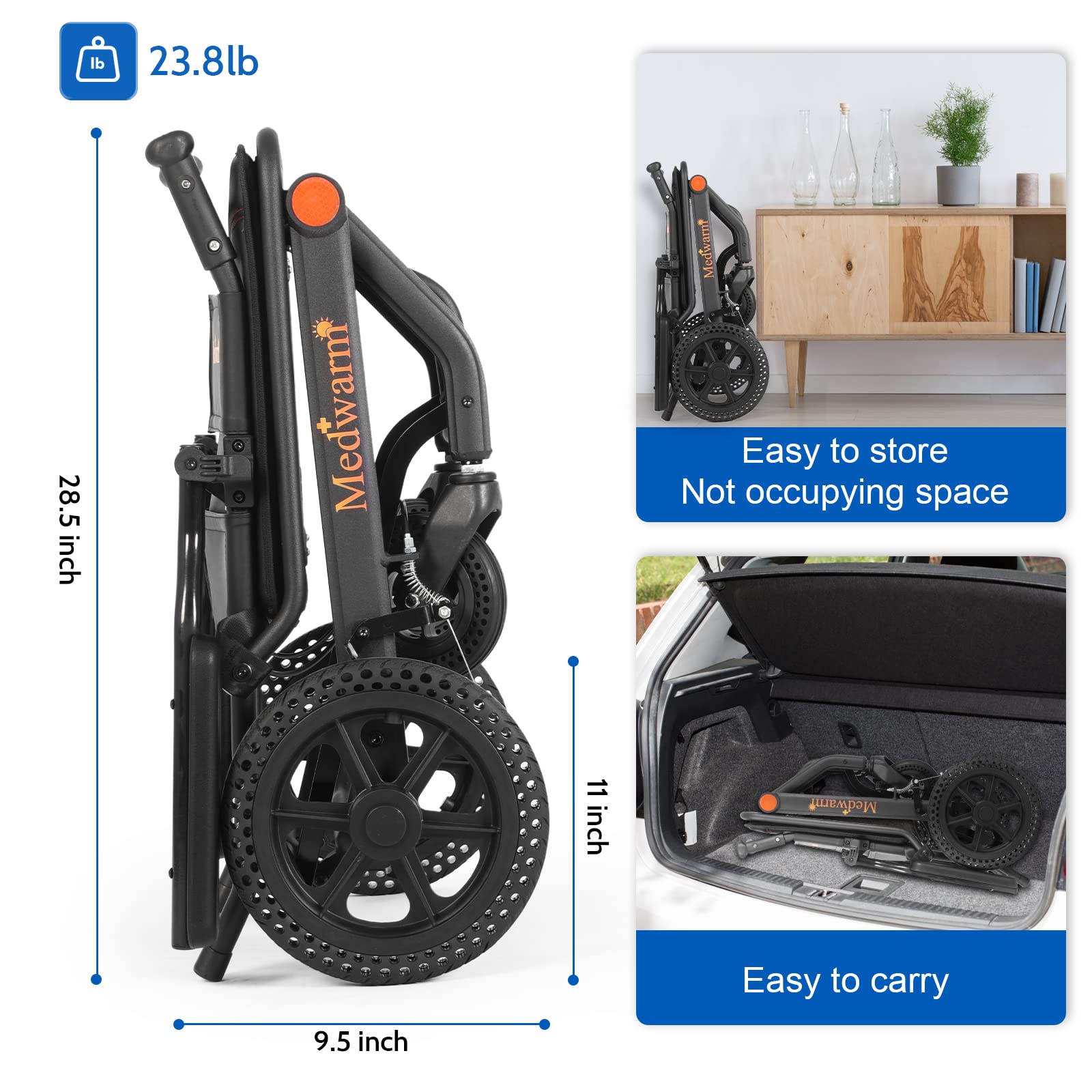 Ultralight Portable Aluminum Folding Wheelchair for Adults - Compact Travel Wheelchair with Handbrake & 11