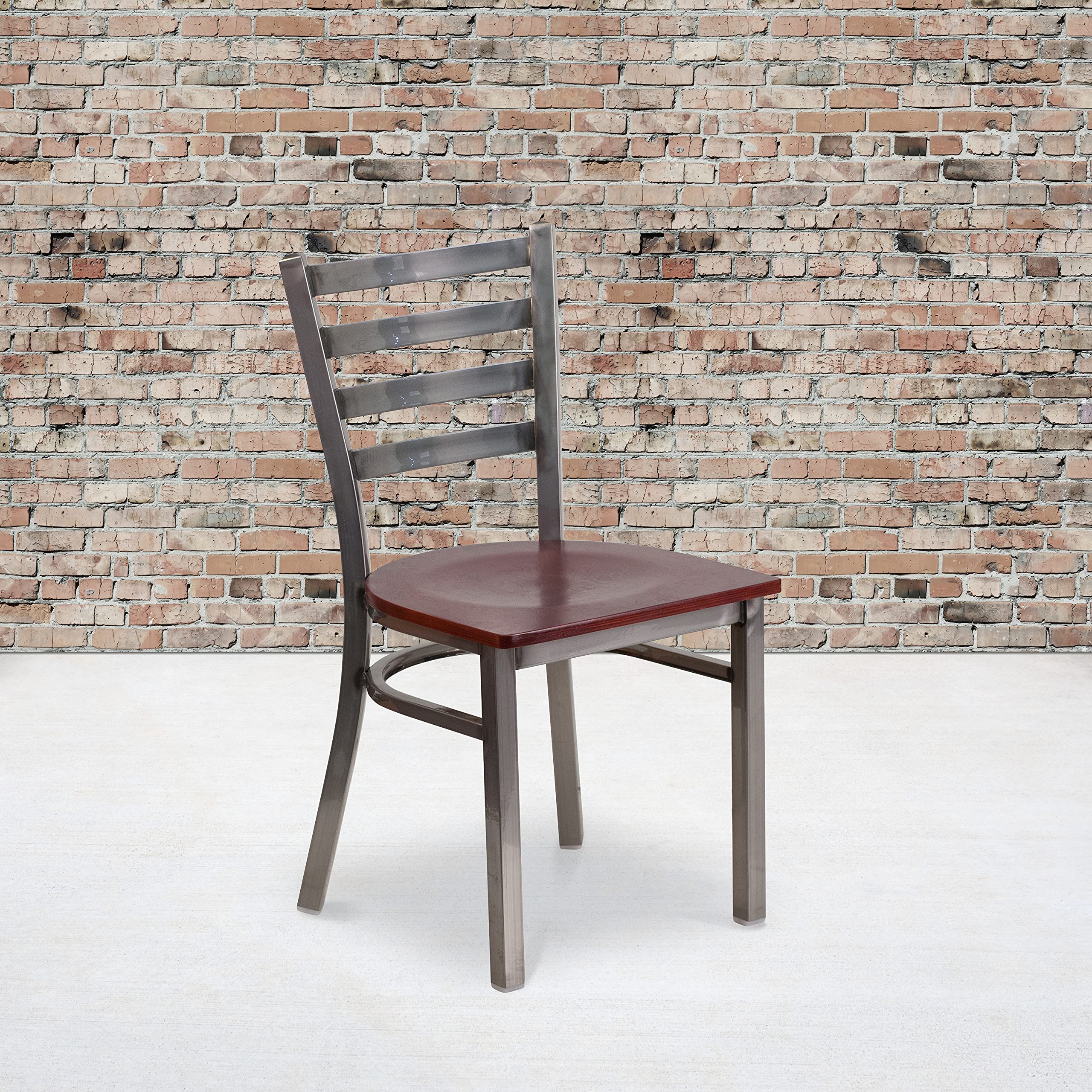 EMMA + OLIVER Clear Coated Ladder Back Metal Dining Chair with Mahogany Wood Seat - Modern Kitchen & Dining Room Furniture for Home, Restaurant, Cafe & Office Use