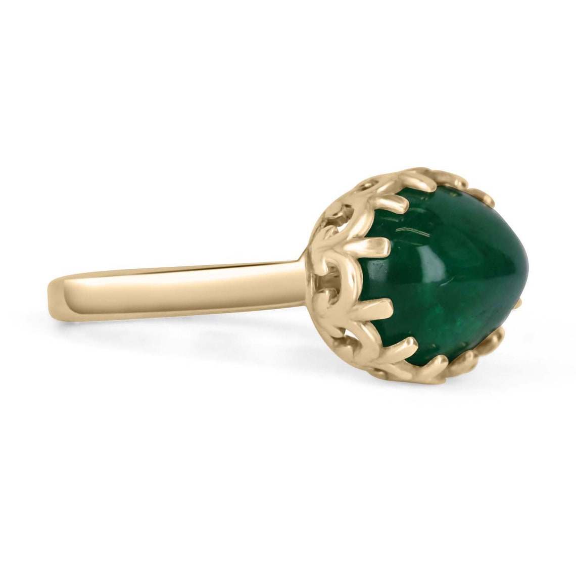 **5.47 Carat Natural Emerald Cabochon Solitaire Scroll Ring in 14K Gold – Hand Carved Vintage Jewelry for Women, Perfect for Weddings & Special Occasions**
