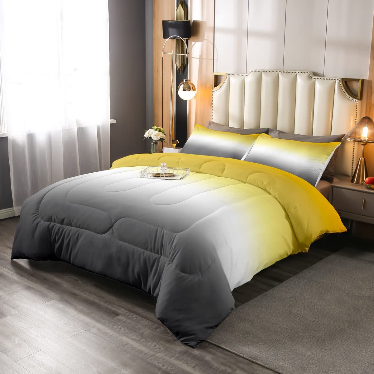 Yellow White Grey Ombre Comforter Set Queen Size - Gradient Down Comforter with 2 Pillowcases, Soft Warm Lightweight Modern Abstract Quilt Duvet Insert - Perfect for Bedroom Decor, Guest Room, Dorm & Cozy Home Styling