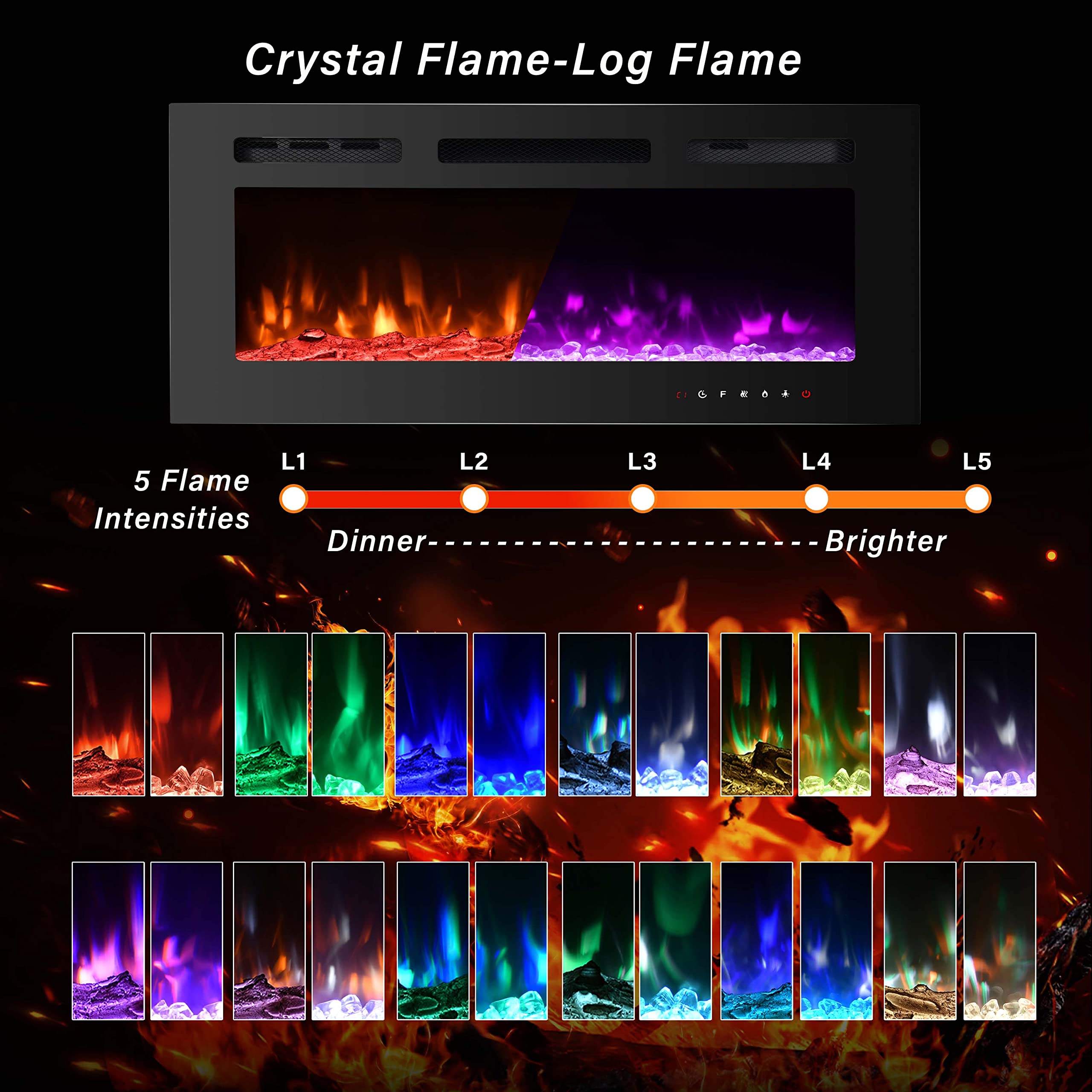 36 Inch Electric Fireplace Insert - Wall Mounted with 12 Flame Colors, Remote Control & Timer - Perfect for Living Room, Bedroom, and Office Heating