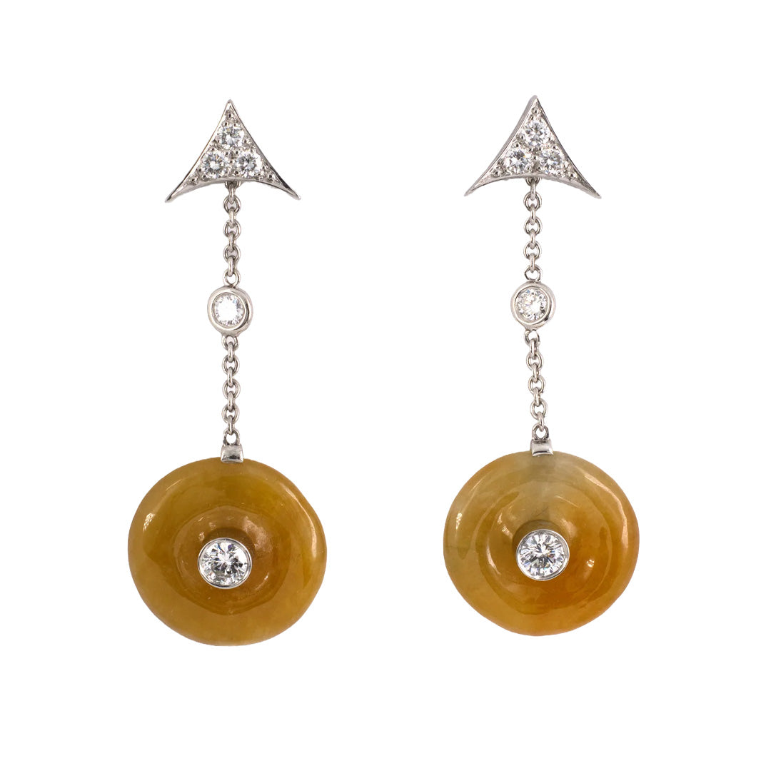 Exquisite Jadeite Pi Disc & Diamond Triangular Dangle Drop Earrings - Elegant Jewelry for Women, Perfect for Weddings, Parties & Special Occasions