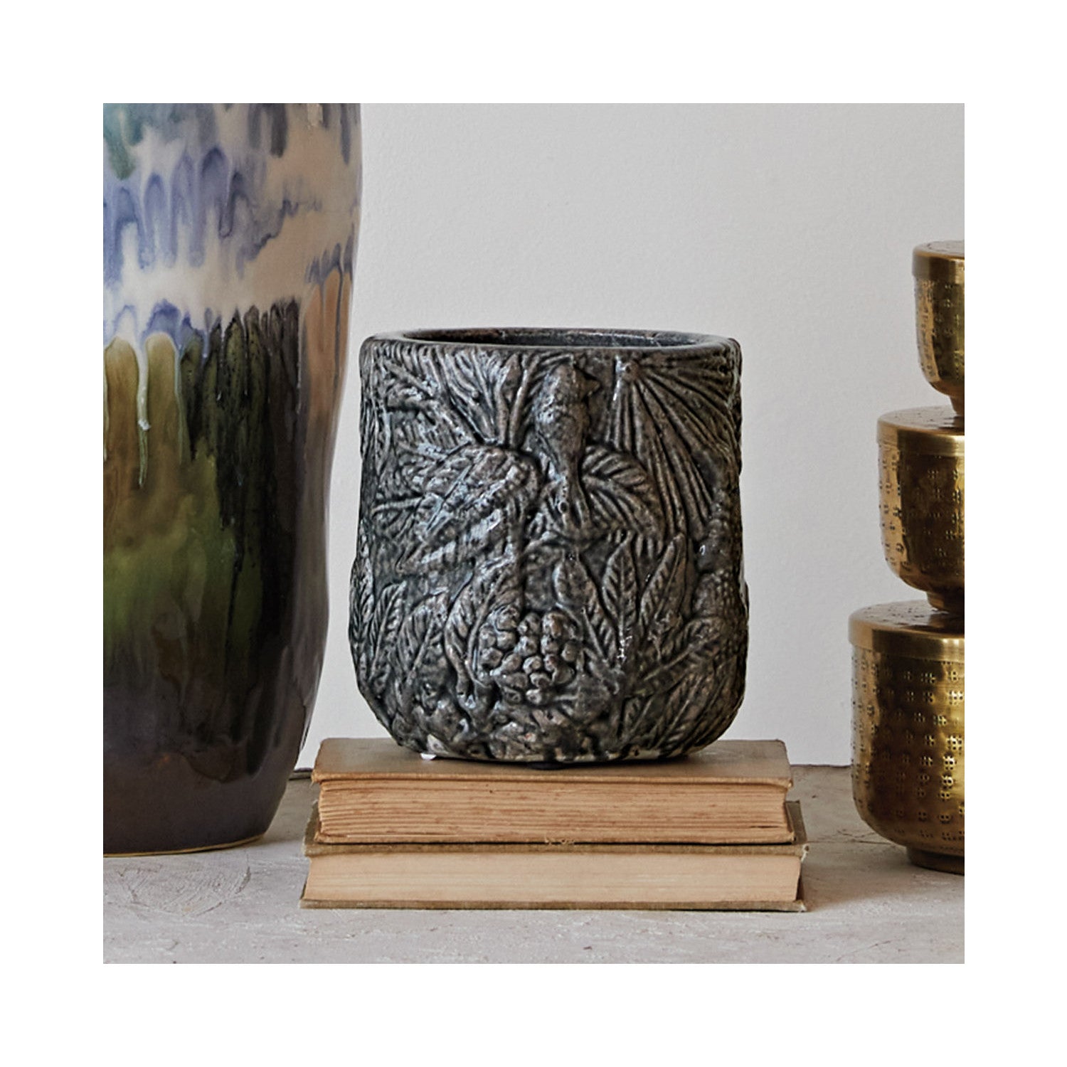 Embossed Grey Terracotta Planter - Modern Indoor/Outdoor Flower Pot for Home Decor, Garden, Patio & Office Plants