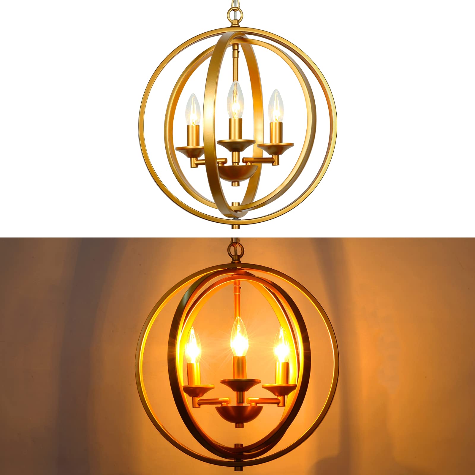T&A Gold Orb 3-Light Chandelier - Modern Adjustable Globe Pendant Light Fixture with Orbit Rings for Dining Room, Bedroom, Foyer & Living Room | Elegant Ceiling Lighting for Home Decor & Interior Design