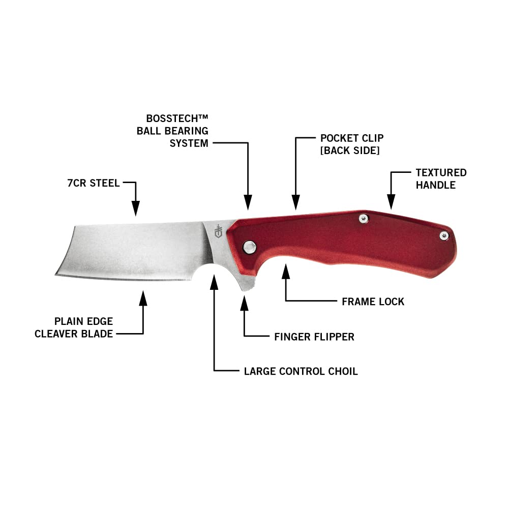 Gerber Gear Asada Folding Cleaver Knife - Compact Red Blade for Outdoor Camping, Survival & Everyday Carry (EDC)