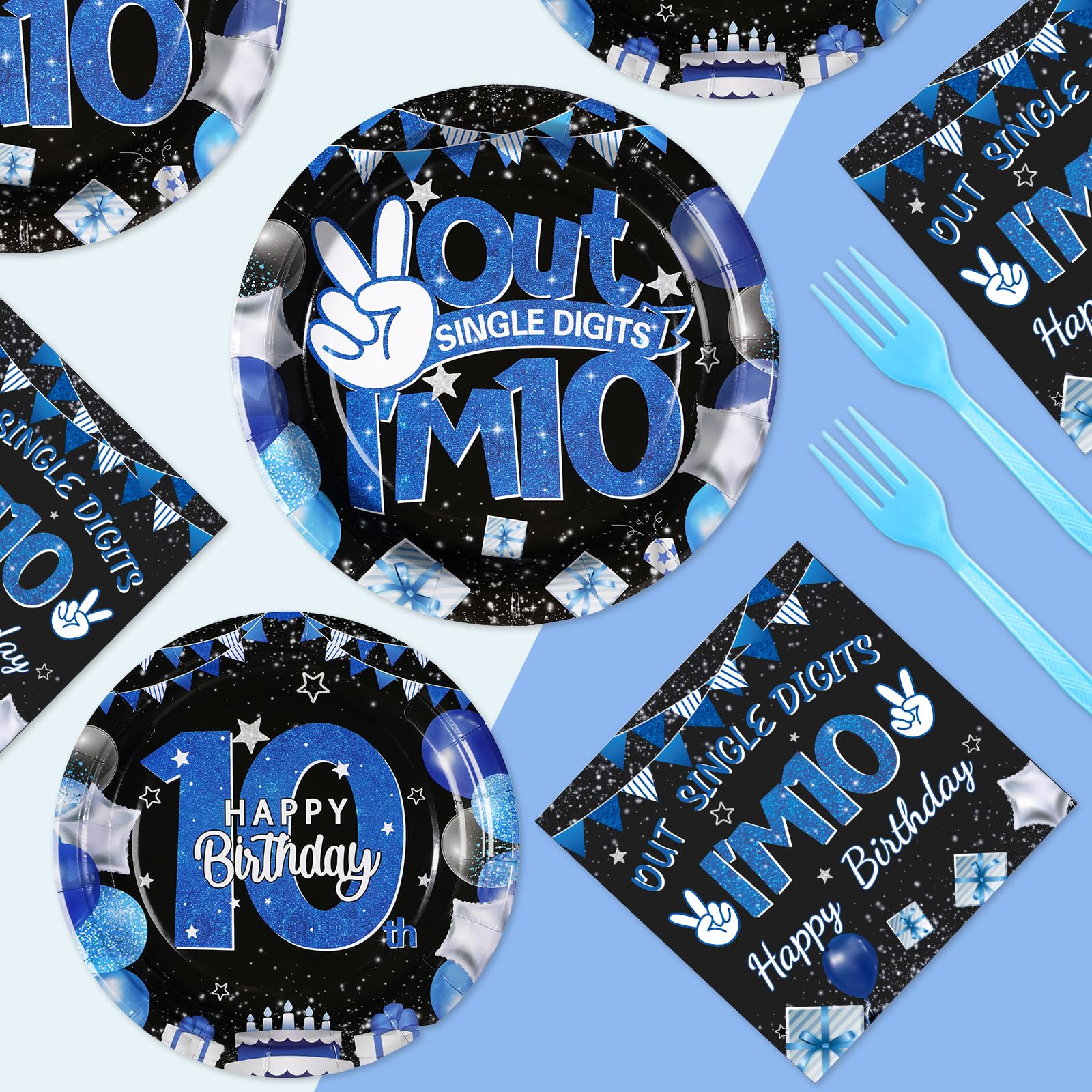 96 Pcs Blue and Black 10th Birthday Party Supplies Set - 350 GSM Disposable Plates, Napkins & Tableware for Boys | I'm 10 Single Digit Theme Decor | Serves 24 Guests - Perfect for Kids Birthday Parties, Decoration & Celebration Events