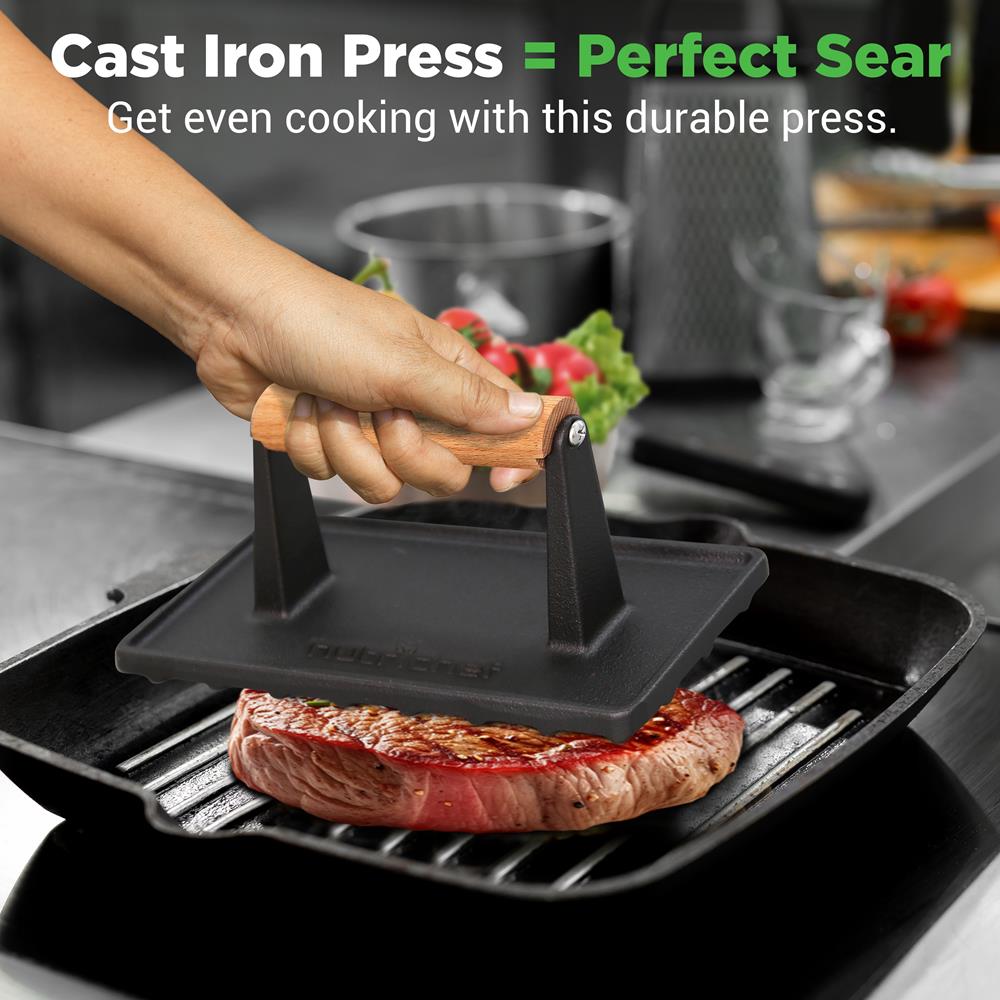 Premium Cast Iron Grill Press for Steaks, Burgers & Paninis – Heavy Duty Weight for Even Cooking – Perfect for Indoor & Outdoor Grilling