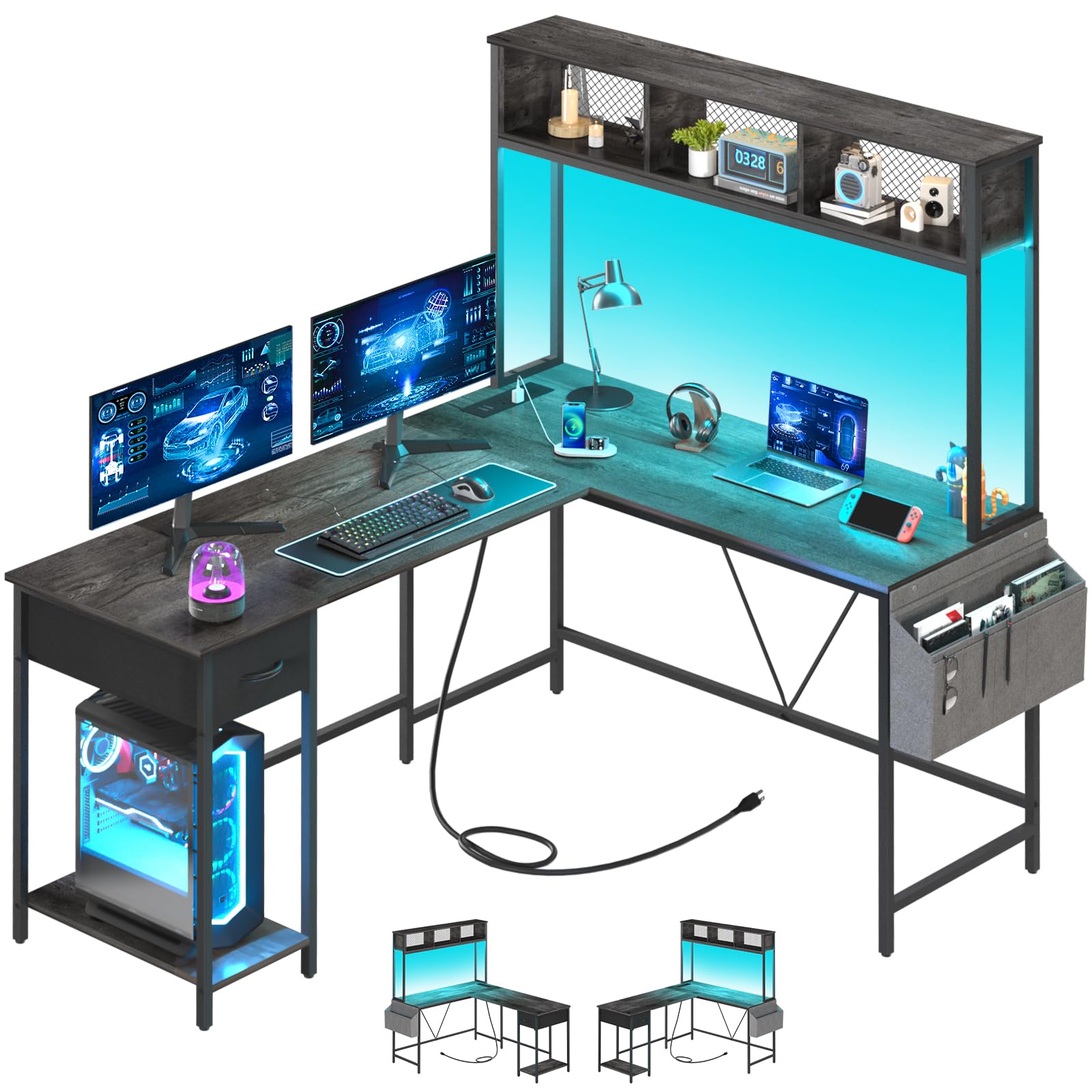 Yoobure L-Shaped Gaming Desk with LED Lights & Power Outlet - Reversible Corner Computer Desk with Storage Shelf, Drawer & Organizer Bag - Ergonomic Home Office Desk for 2 People (Gray) - Perfect for Small Spaces, Gaming Setups & Shared Workspaces