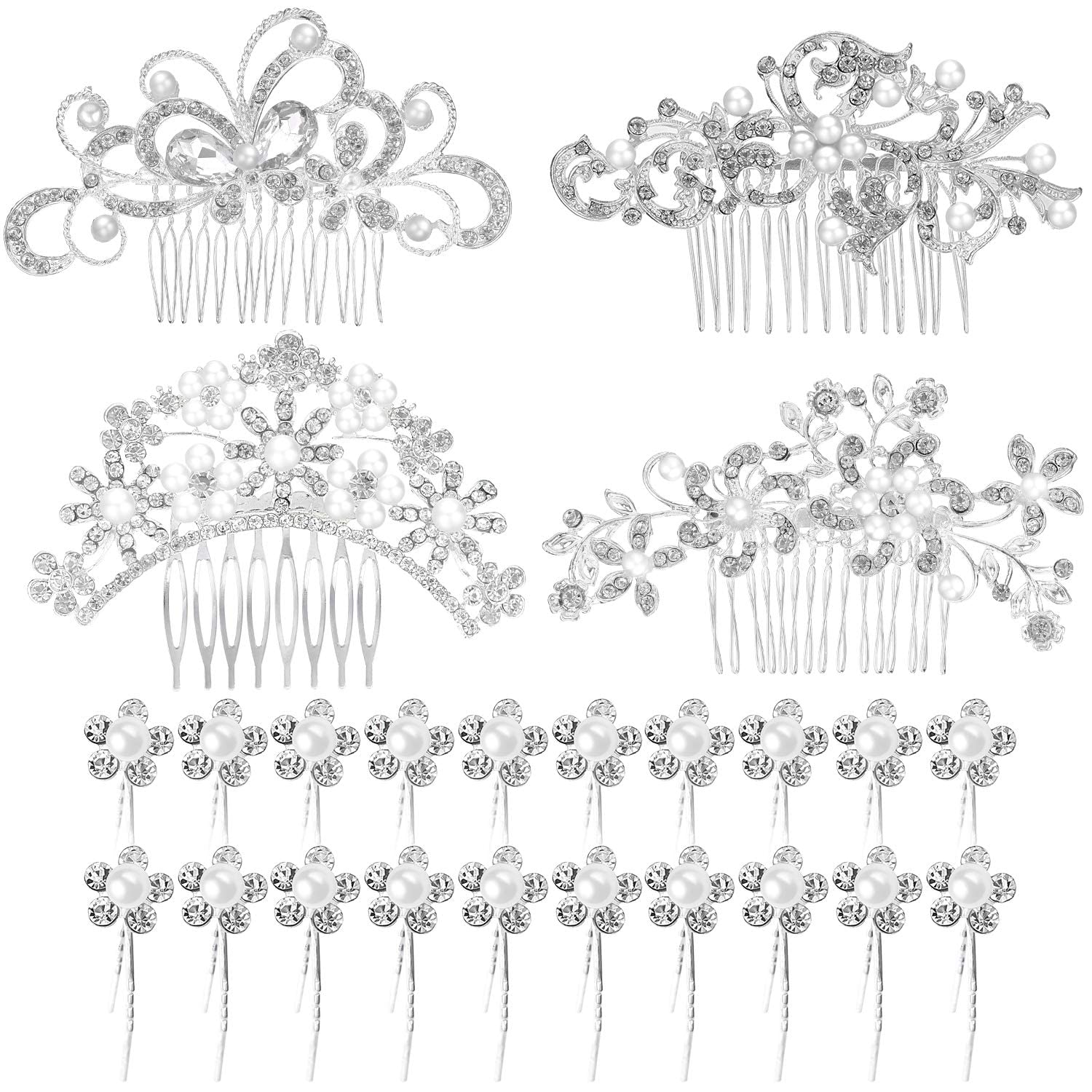 24-Piece Rhinestone Wedding Hair Comb Set with Pearl Hair Clips - U-Shaped Bridal Hair Pins for Brides & Bridesmaids - Perfect for Weddings, Prom, Parties & Special Occasions
