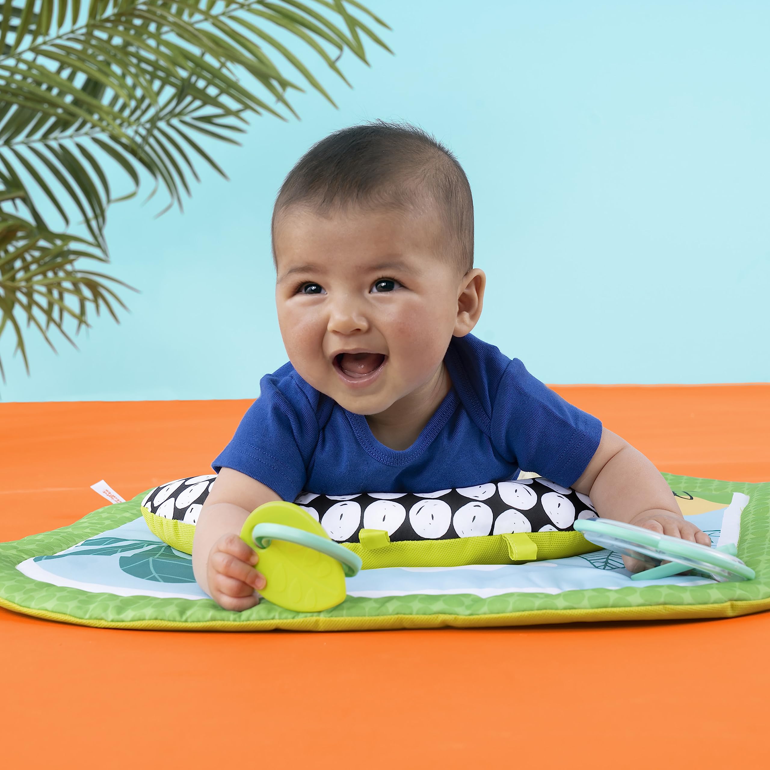 Bright Starts Easy Breezy Baby Tummy Time Activity Mat with 2 Detachable Toys | Compact & Machine Washable Playmat for Newborns & Infants | Perfect for Floor Play, Sensory Development & Early Learning