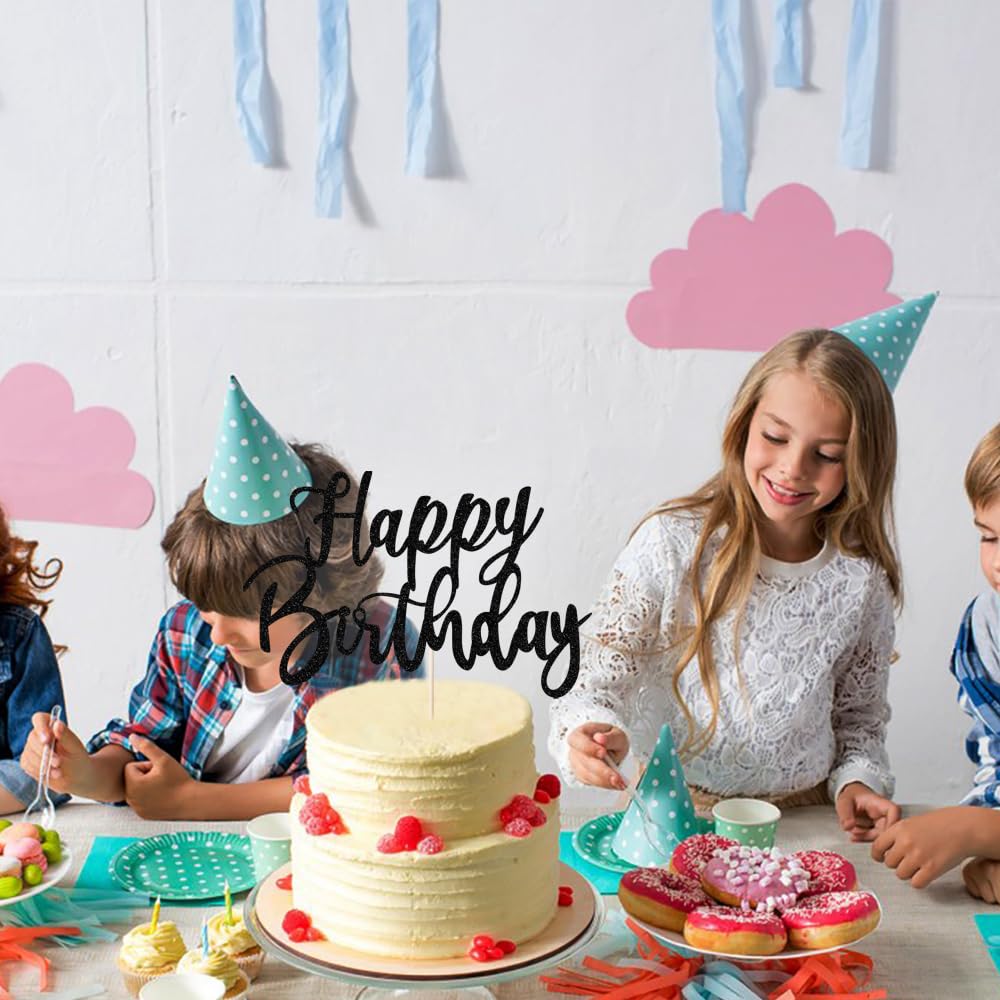 Handmade Glitter Happy Birthday Cake Topper - Black Birthday Cake Bunting Decor for Party Supplies | Perfect for Birthday Cakes, Cupcakes & Dessert Table Decorations