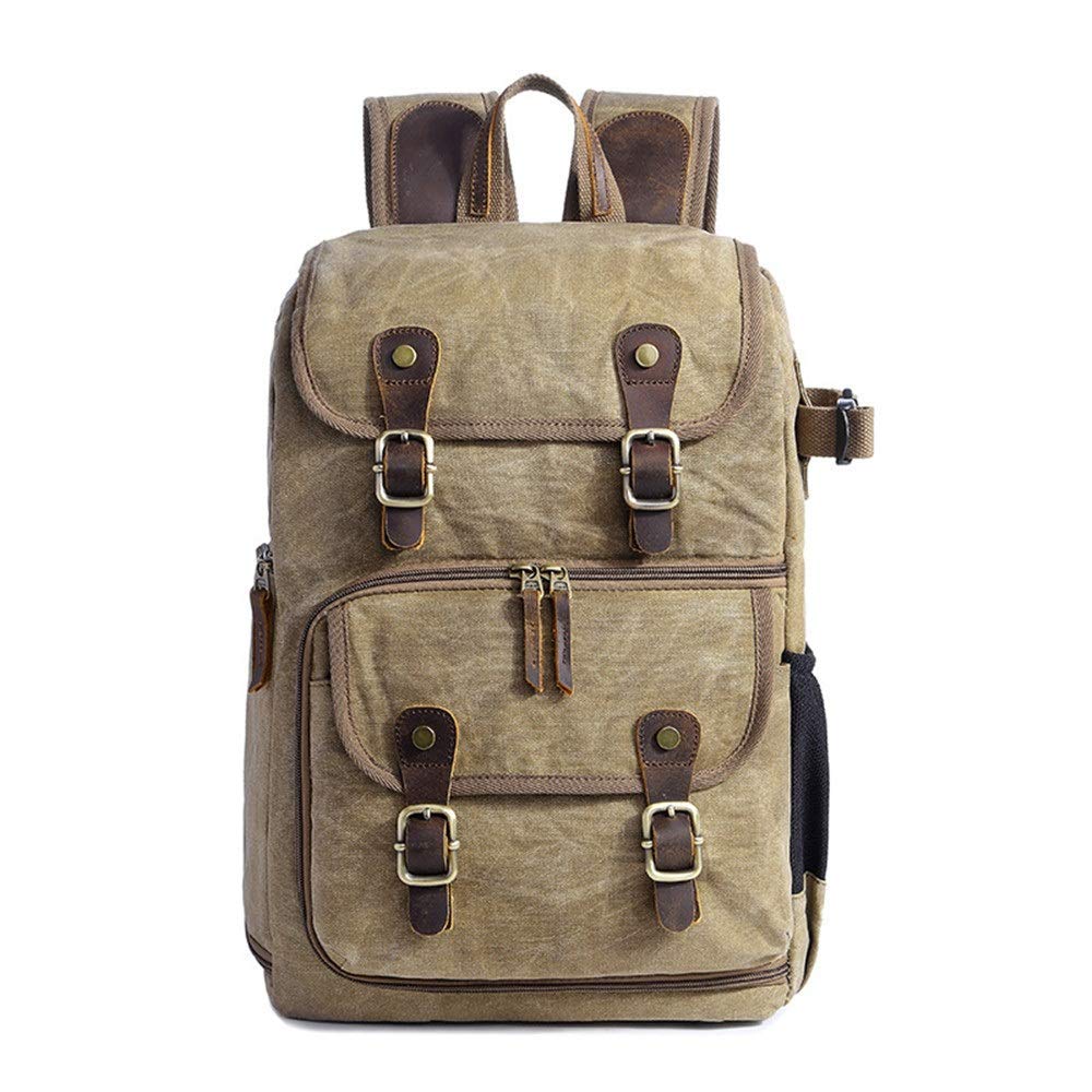 Waterproof Waxed Canvas Camera Backpack for DSLR & Digital Cameras - Large Capacity (42x32x19cm) Khaki Photography Bag for Outdoor Travel & Professional Photographers