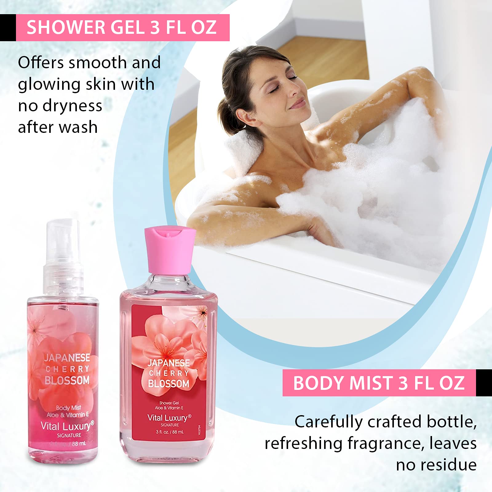 Premium Travel Size Bath & Body Gift Set - 3 Fl Oz Japanese Cherry Blossom Skincare Kit with Body Lotion, Shower Gel, Cream & Fragrance Mist | Relaxing Spa Essentials for Women & Men | Perfect for Home Spa Days, Romantic Gifts & Vacation Toiletries