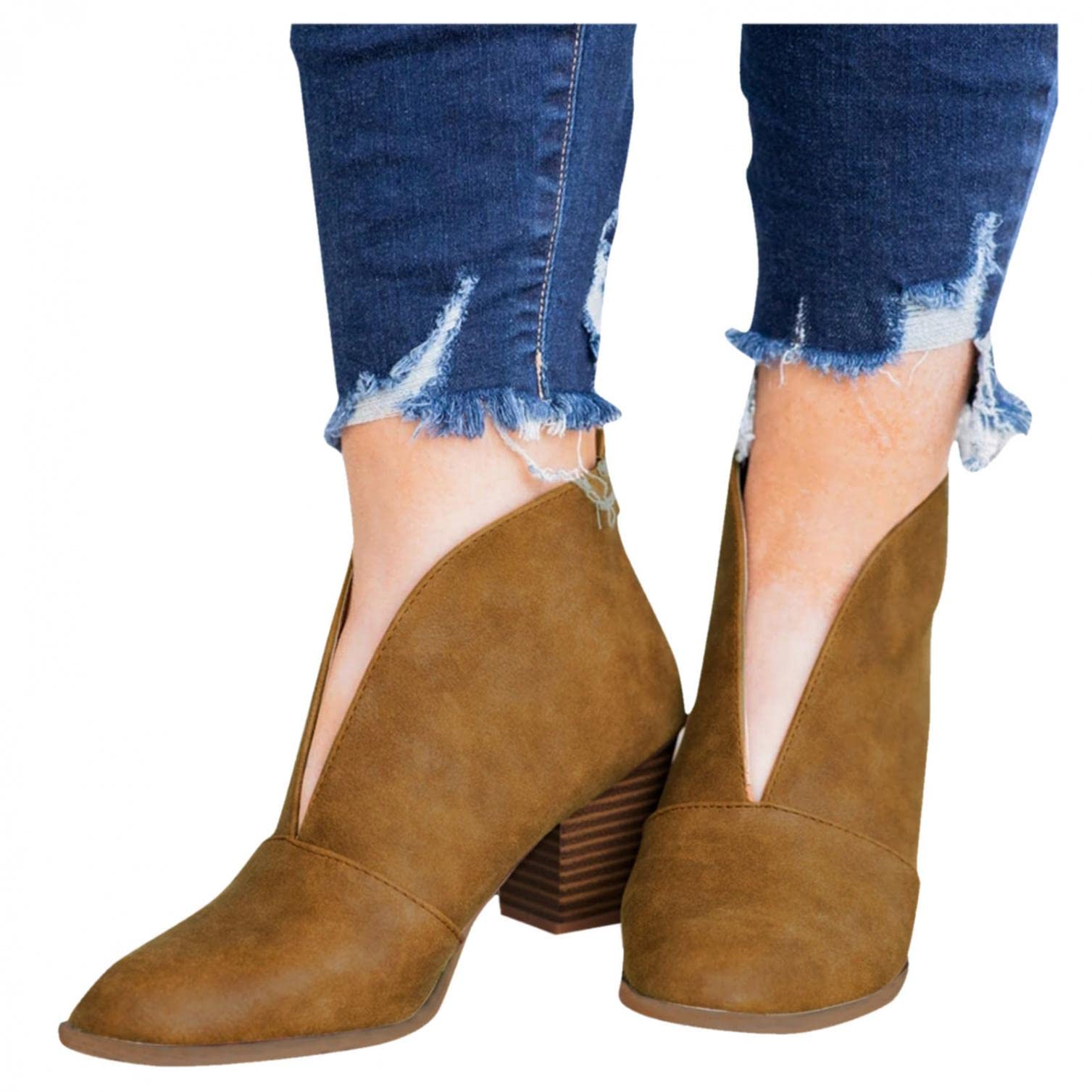Women's Cowboy Boots - Low Heel Wedge Ankle Boots with V-Cut Design | Chunky Stacked Heel Short Booties for Autumn | Perfect for Western Fashion, Country Outfits & Fall Dressing