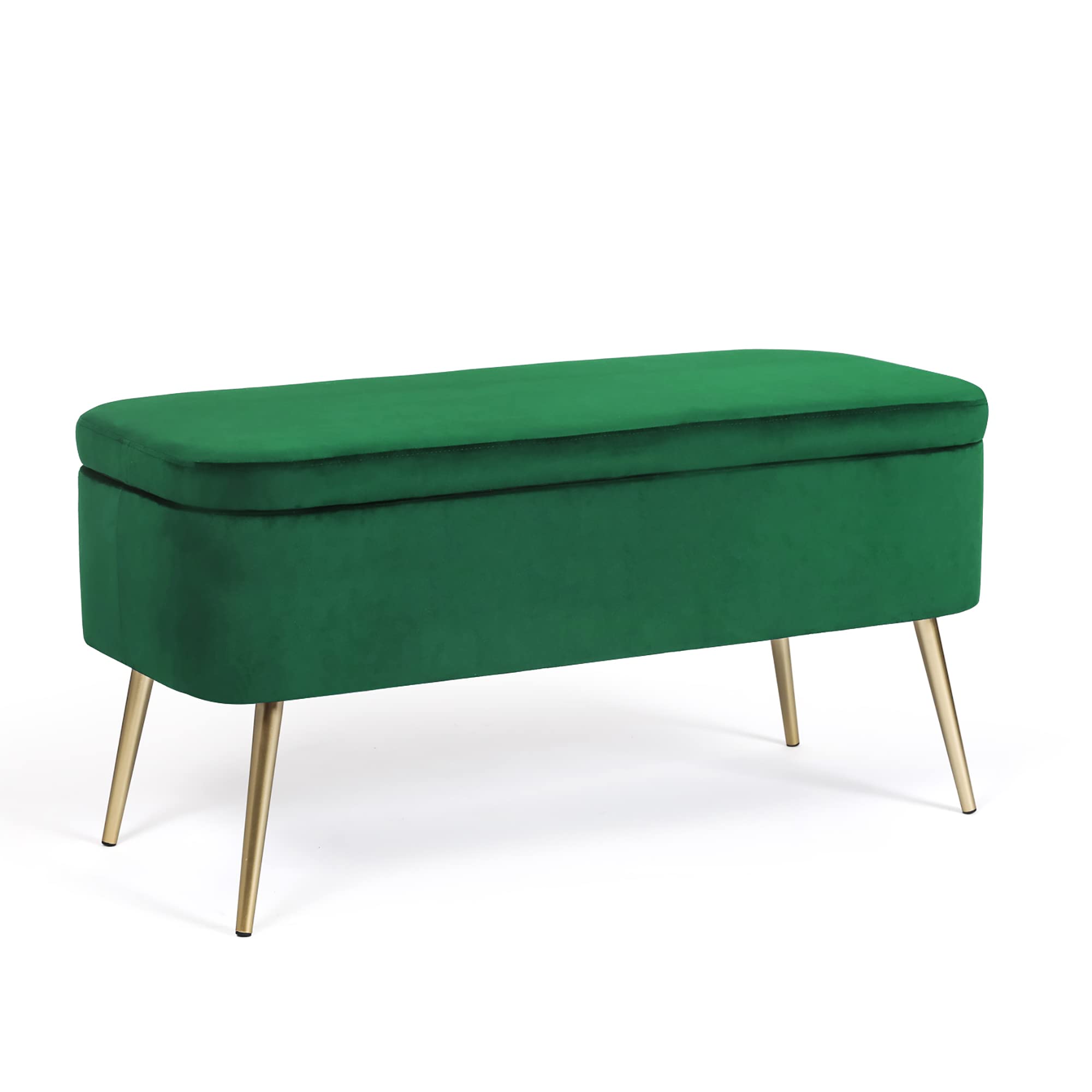 Joveco Velvet Upholstered Storage Bench with Golden Metal Legs - Modern Ottoman Footrest, Coffee Table for Entryway, Living Room, Bedroom & Window Seat - Soft Padded Seat (Green) | Perfect for Small Space Organization, Extra Seating & Stylish Home Decor