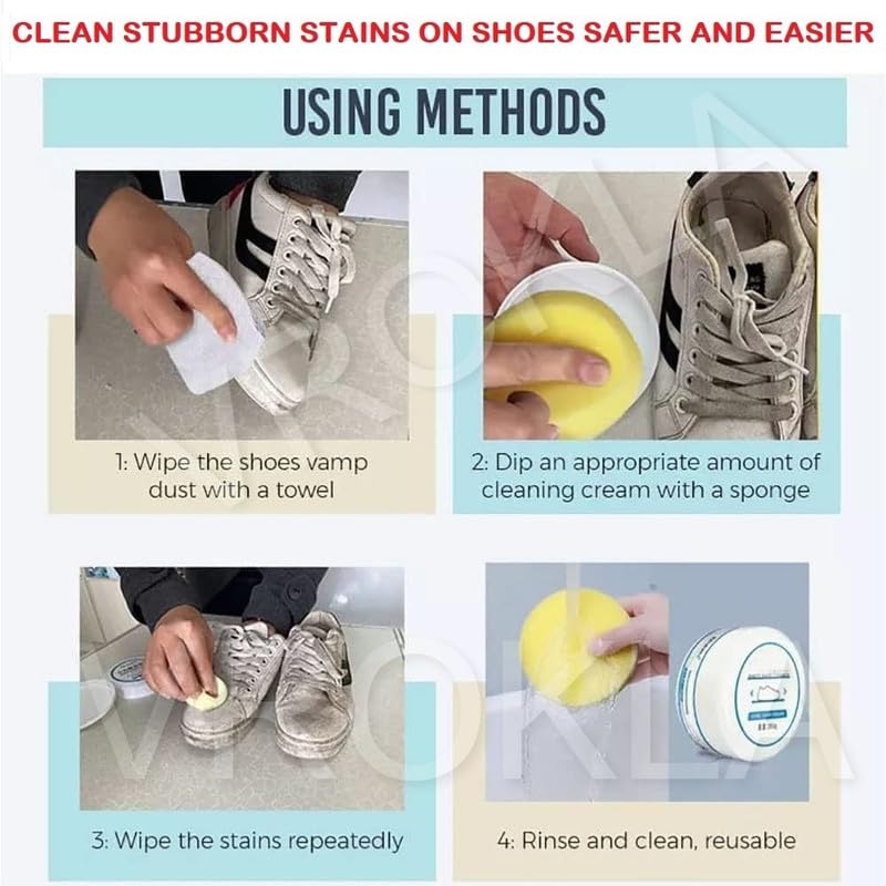 VROKLA White Shoe Cleaner Cream with Sponge - Instant Whitening & No-Wash Cleaning Kit for Sneakers, Shoes & Footwear | Stain Remover & Polish (260g) | Perfect for Gym, Work & Everyday Use