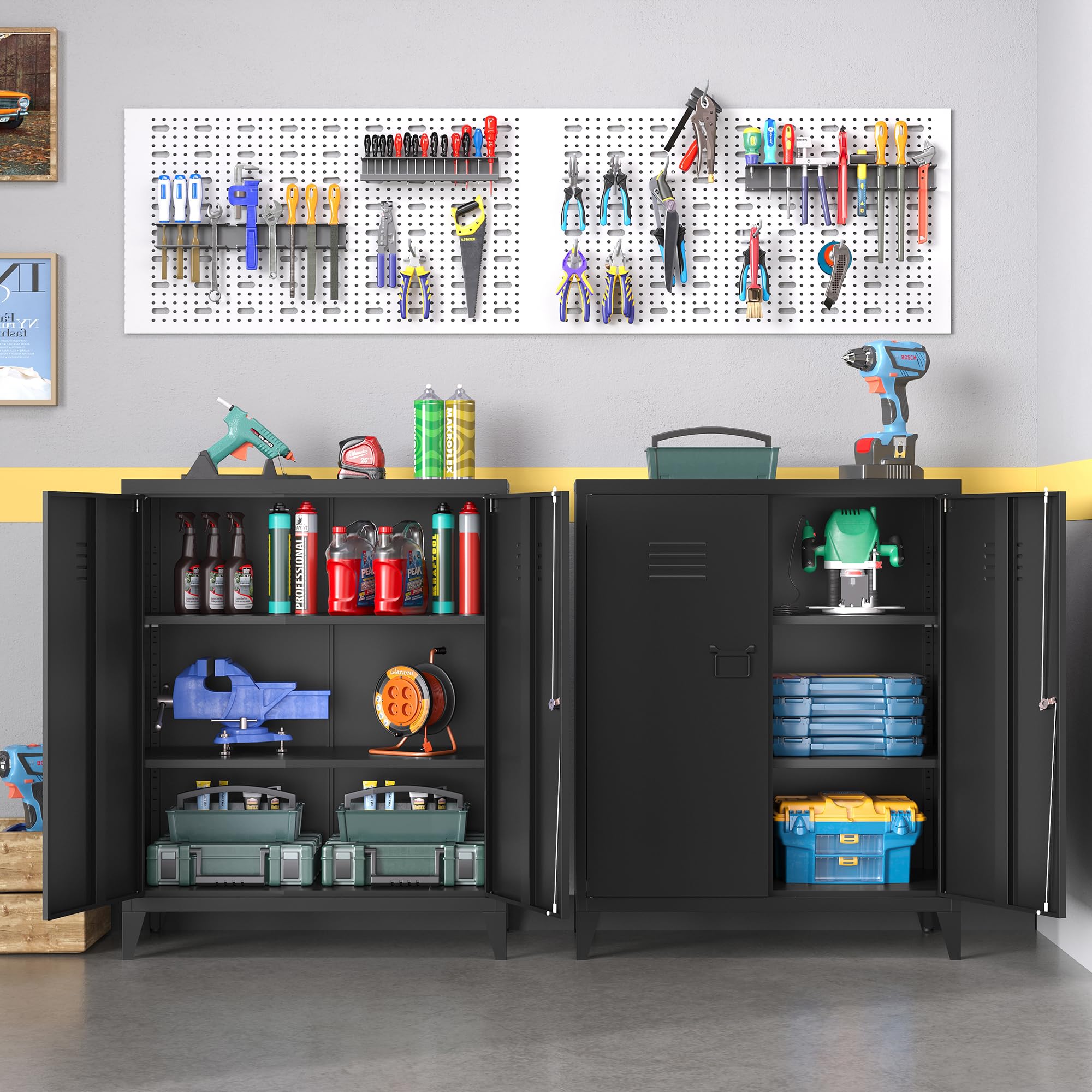 Black Metal Storage Cabinet with Doors & Adjustable Shelves - Home Office Organization Cabinet with Lock & Leveling Legs (Assembly Required) | Perfect for Office Supplies, Tools & Household Storage