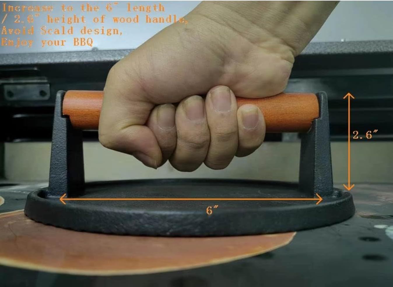 Heavy Duty Cast Iron Grill Press with Wooden Handle - Round Flat Bottom for Burgers, Steaks & Paninis - Perfect for BBQ, Griddle & Stovetop Cooking