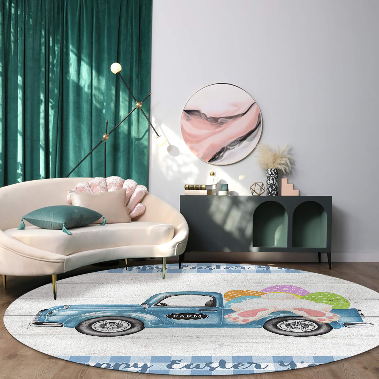 Large Round Non-Slip Area Rug - Blue Truck Oil Painting Design with Bunny Footprints, 4ft Washable Floor Mat for Bedroom, Living Room & Kids Room | Perfect for Easter Decor, Spring Home Decor & Indoor Safety
