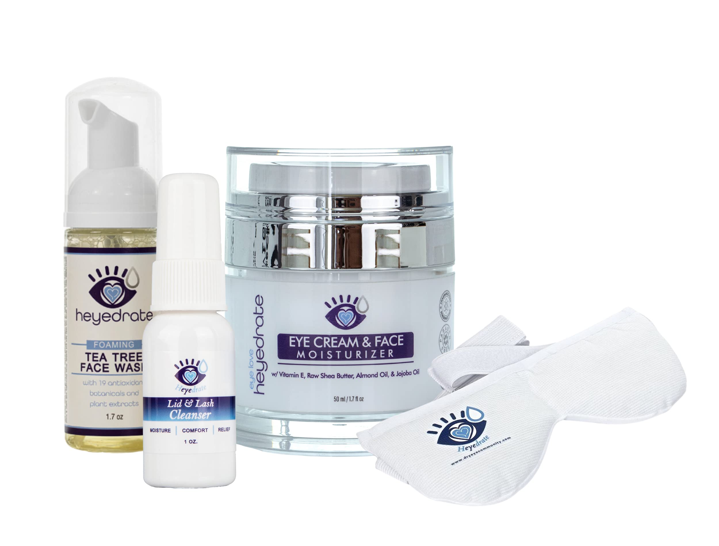 Heyedrate Heated Eye Mask & Skincare Set - Tea Tree Foaming Face Wash, Eyelid Cleanser, Eye Cream & Moisturizer for Dry, Irritated Eyes & Styes Relief - Perfect for Nighttime Routine & Travel Self-Care