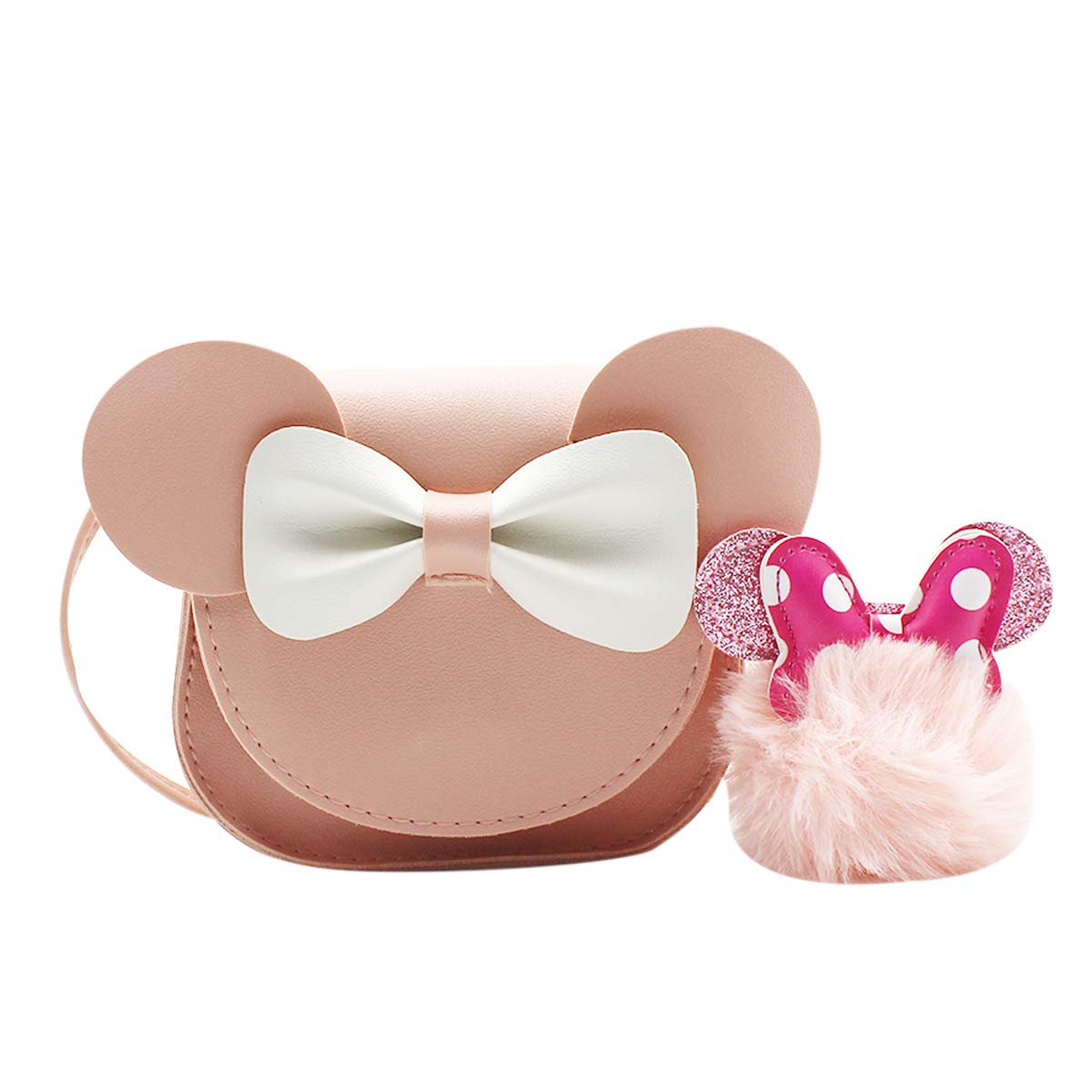 Cute Pink Mini Crossbody Purse for Toddler Girls - Small Wallet with Mouse Ears, Bowknot & Pompom Keychain - Perfect for Disney Trips, Birthday Gifts & Daily Use