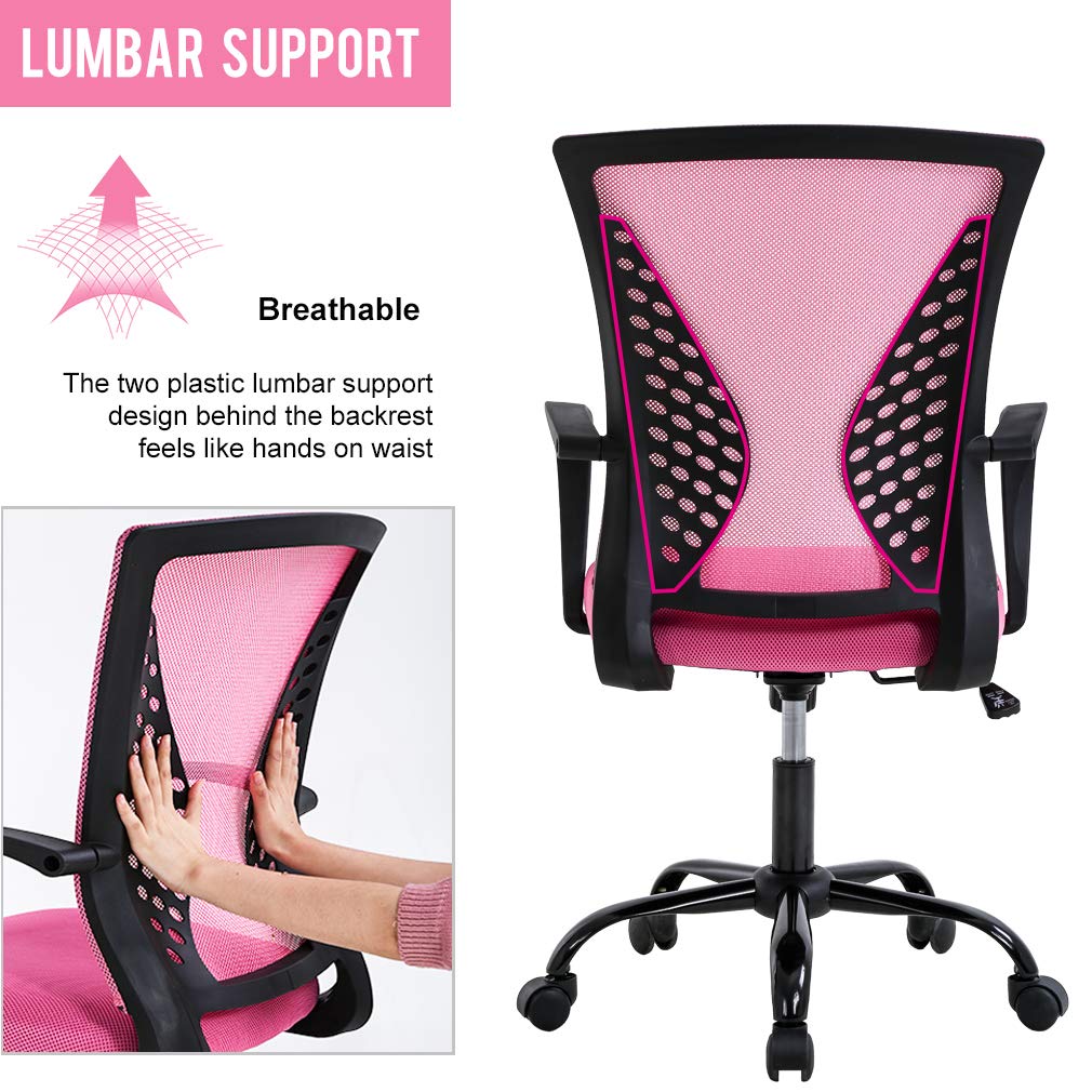 Ergonomic Mesh Office Chair with Adjustable Lumbar Support & Armrests - Mid Back Rolling Swivel Task Chair for Women & Adults - Comfortable Computer Desk Chair for Home Office & Workspace (Pink)