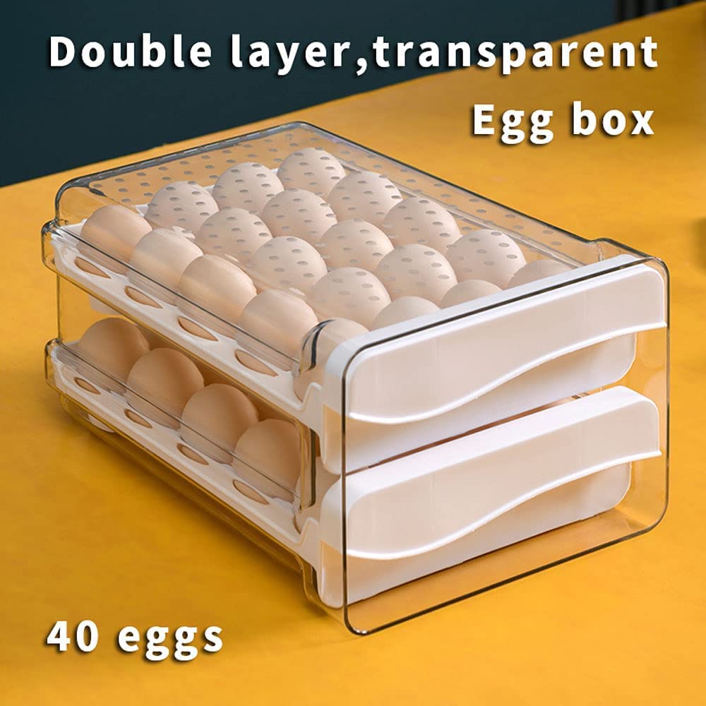 Clear Plastic Refrigerator Egg Storage Container with 2 Drawers & 40 Grids - Egg Holder Organizer for Kitchen Fridge | Perfect for Farm Fresh Eggs, Meal Prep & Space Saving